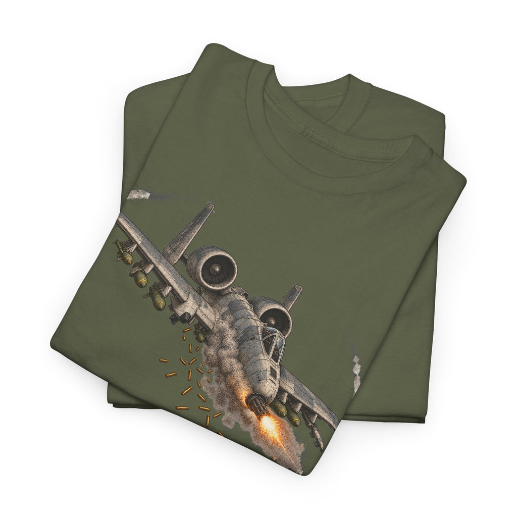 Military green crew-neck T-shirt with front jet illustration