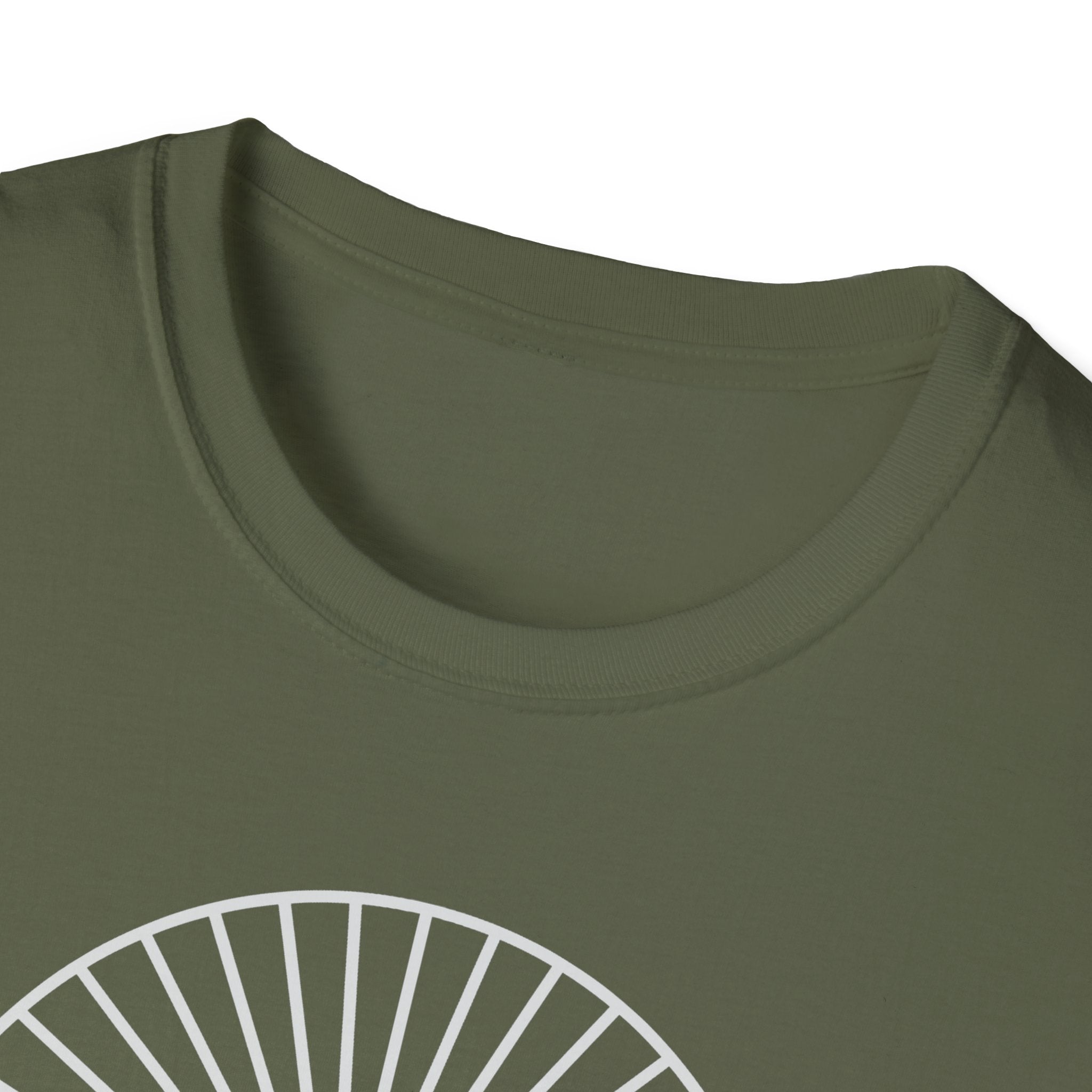Military green T-shirt close-up of crew neck and partial mountain badge graphic.