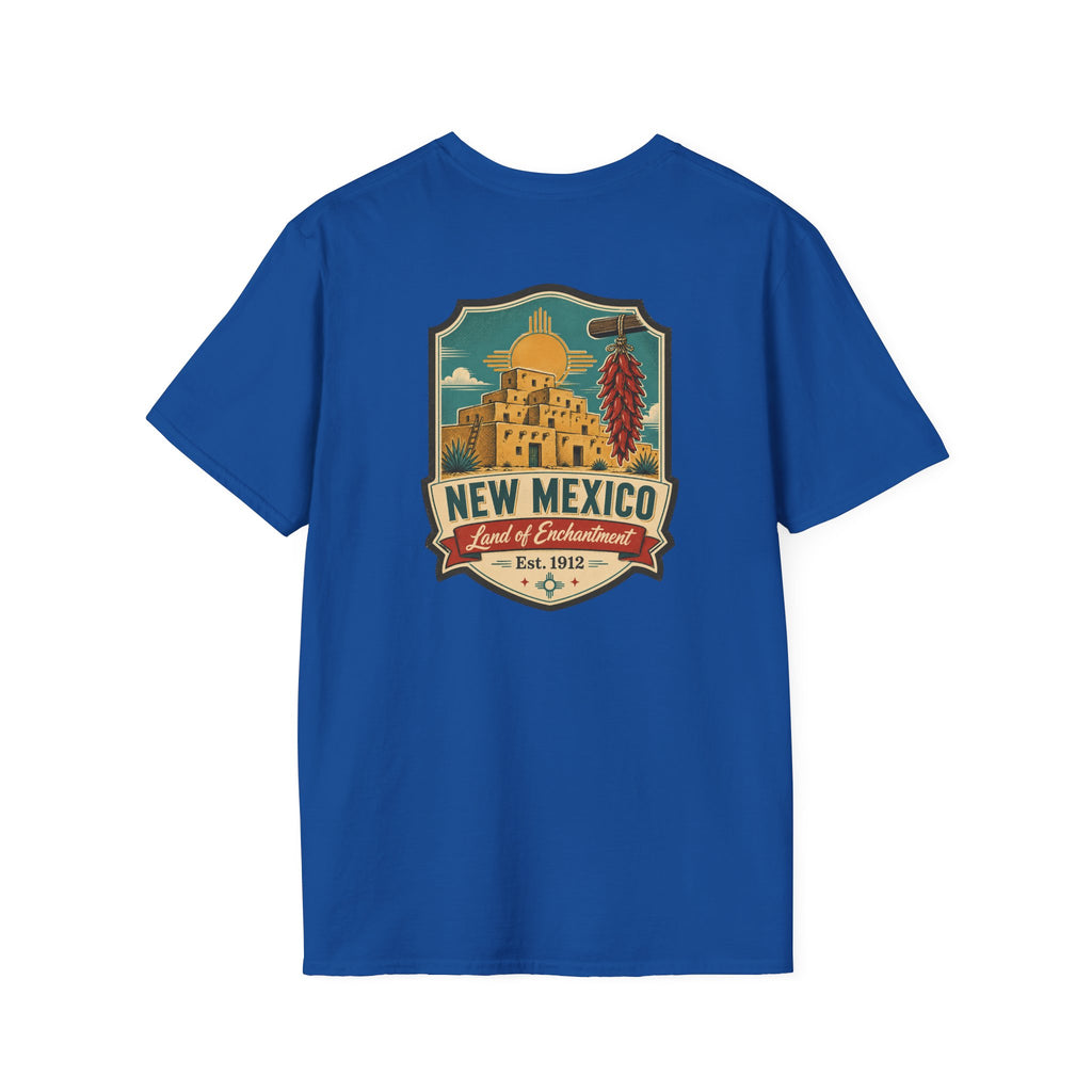 Royal blue New Mexico graphic T-shirt with round crest chest print