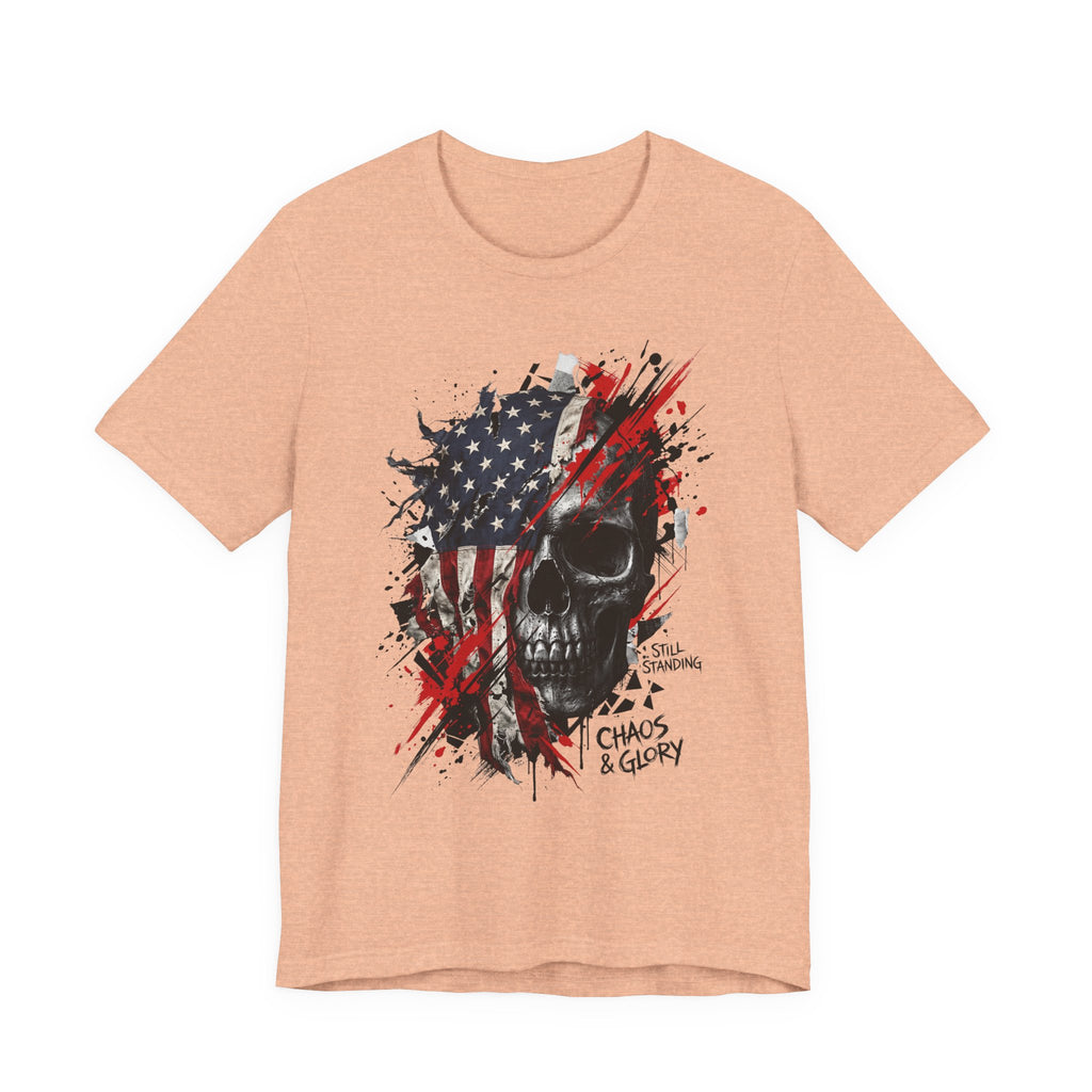 Peach skull graphic T-shirt with American flag panel, red splatter, Chaos & Glory print