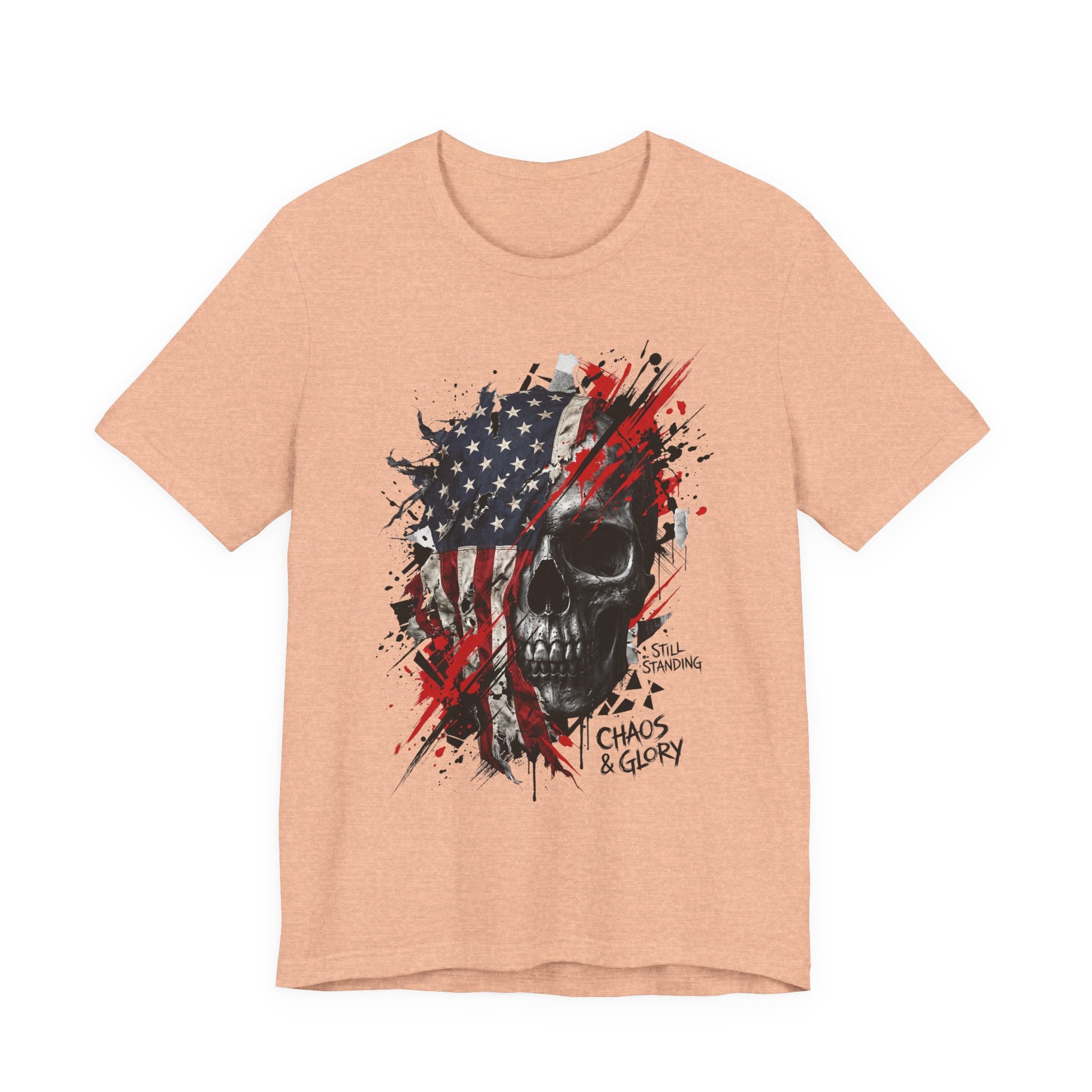 Peach skull graphic T-shirt with American flag panel, red splatter, Chaos & Glory print