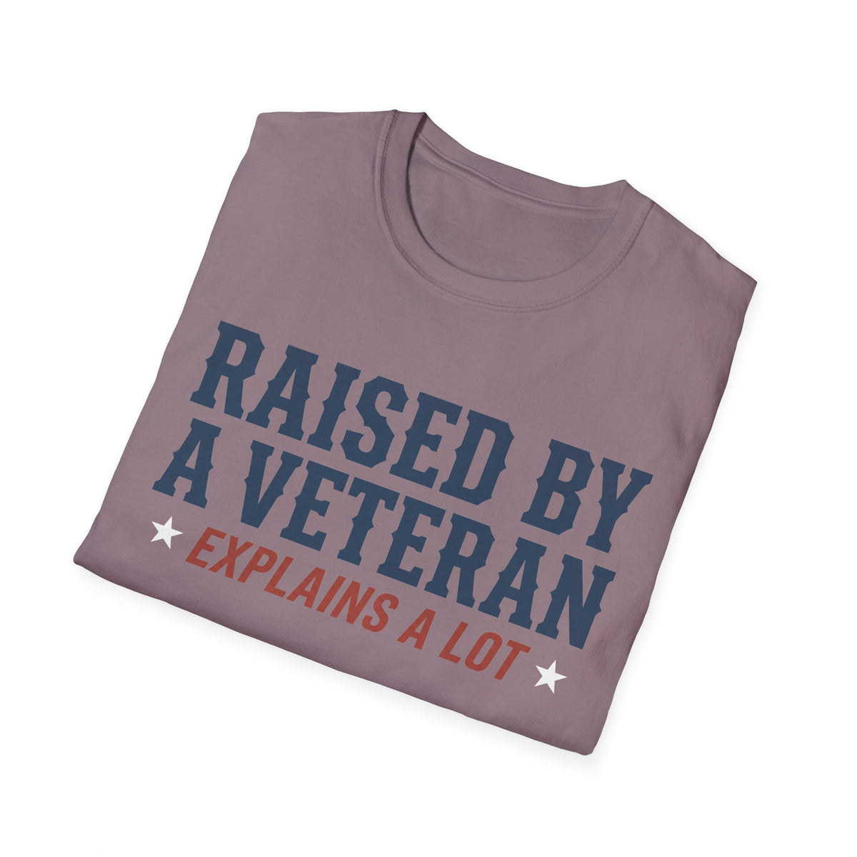 Light purple crewneck t-shirt with blue and red veteran family slogan graphic