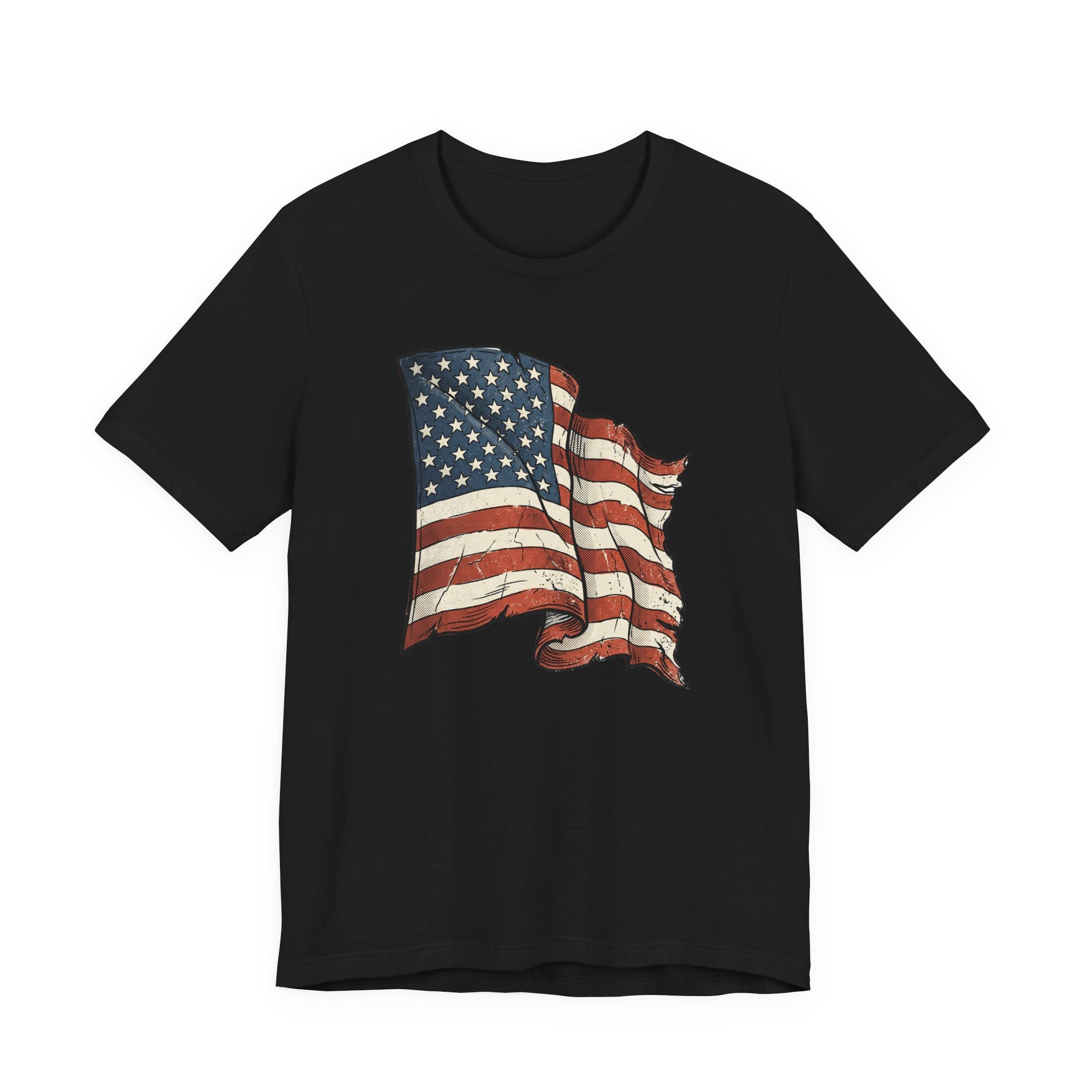 Black crew-neck T-shirt with distressed waving American flag graphic