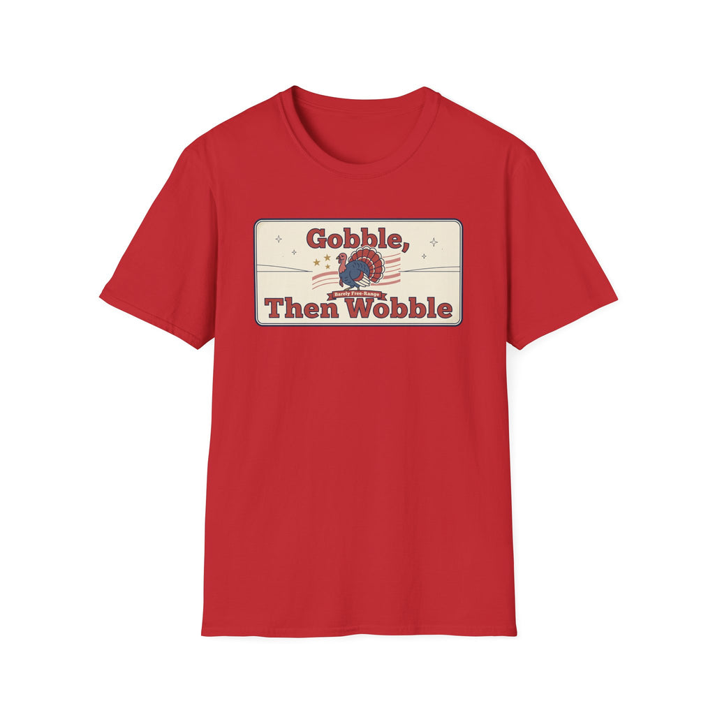 Red short-sleeve T-shirt with framed 'Gobble Then Wobble' graphic