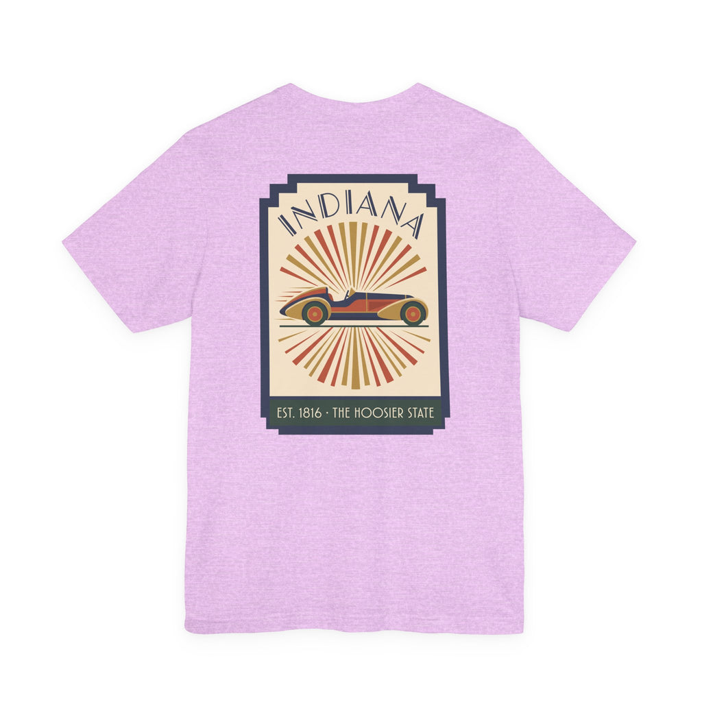 Lilac T-shirt with centered vintage Indiana racecar graphic in a square frame.