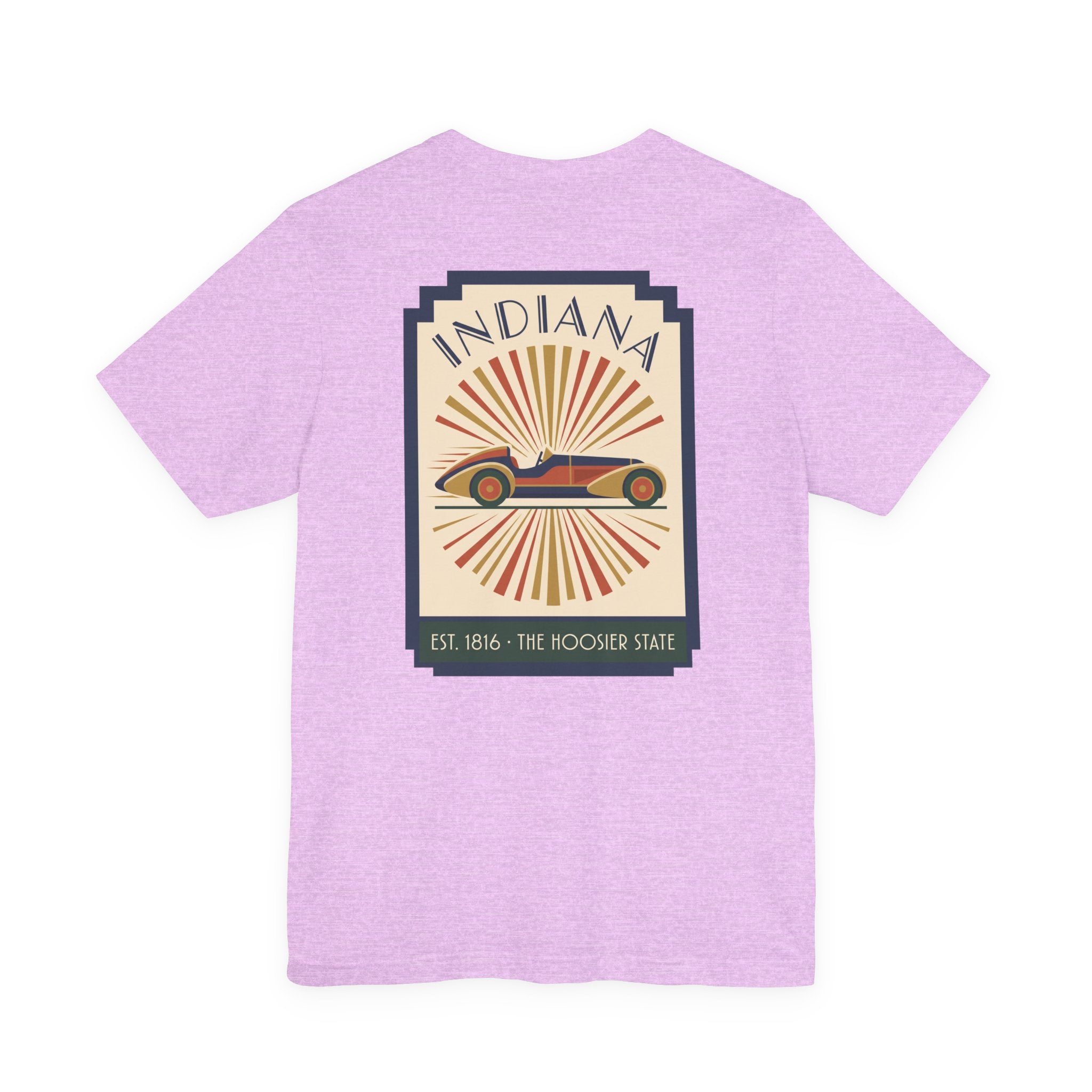 Lilac T-shirt with centered vintage Indiana racecar graphic in a square frame.