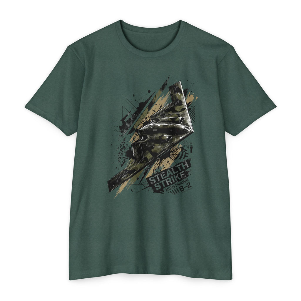 Deep green bomber T-shirt with short sleeves and crew neck; B-2 style graphic front
