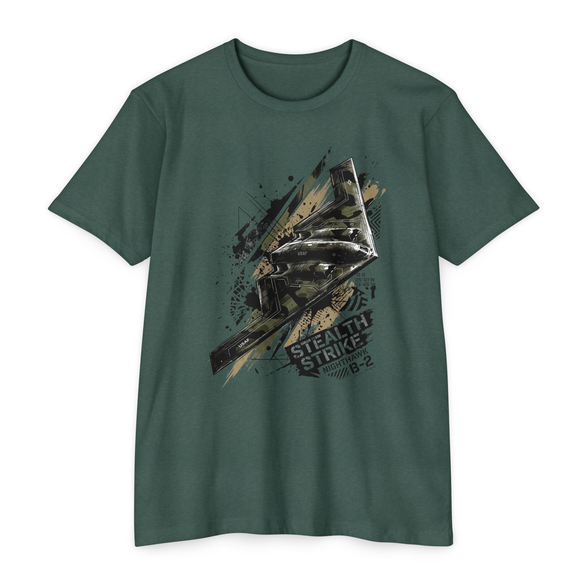 Deep green bomber T-shirt with short sleeves and crew neck; B-2 style graphic front
