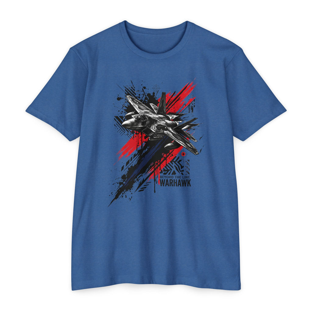 Crew neck T-shirt in blue with warplane graffiti graphic in red, blue, and black.