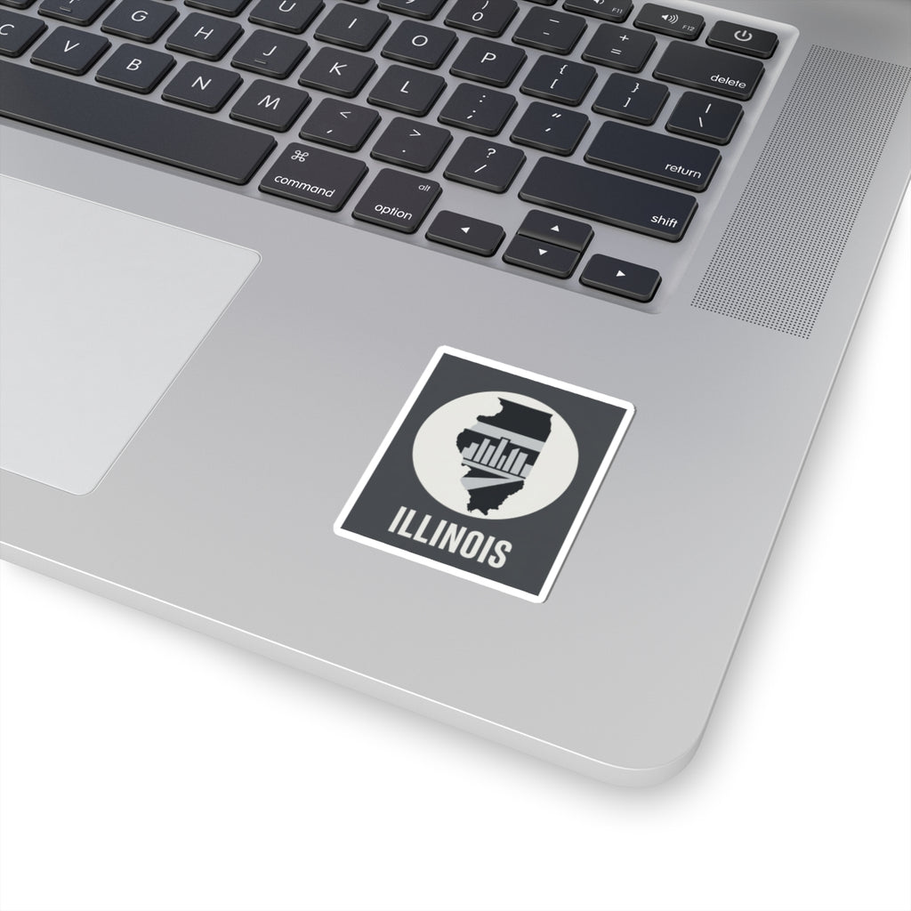Illinois state silhouette sticker, square black-and-white decal with “Illinois” text