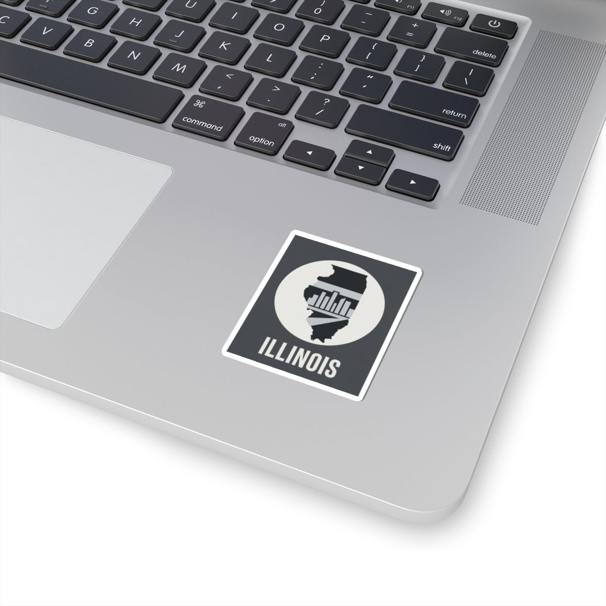 Illinois state silhouette sticker, square black-and-white decal with “Illinois” text