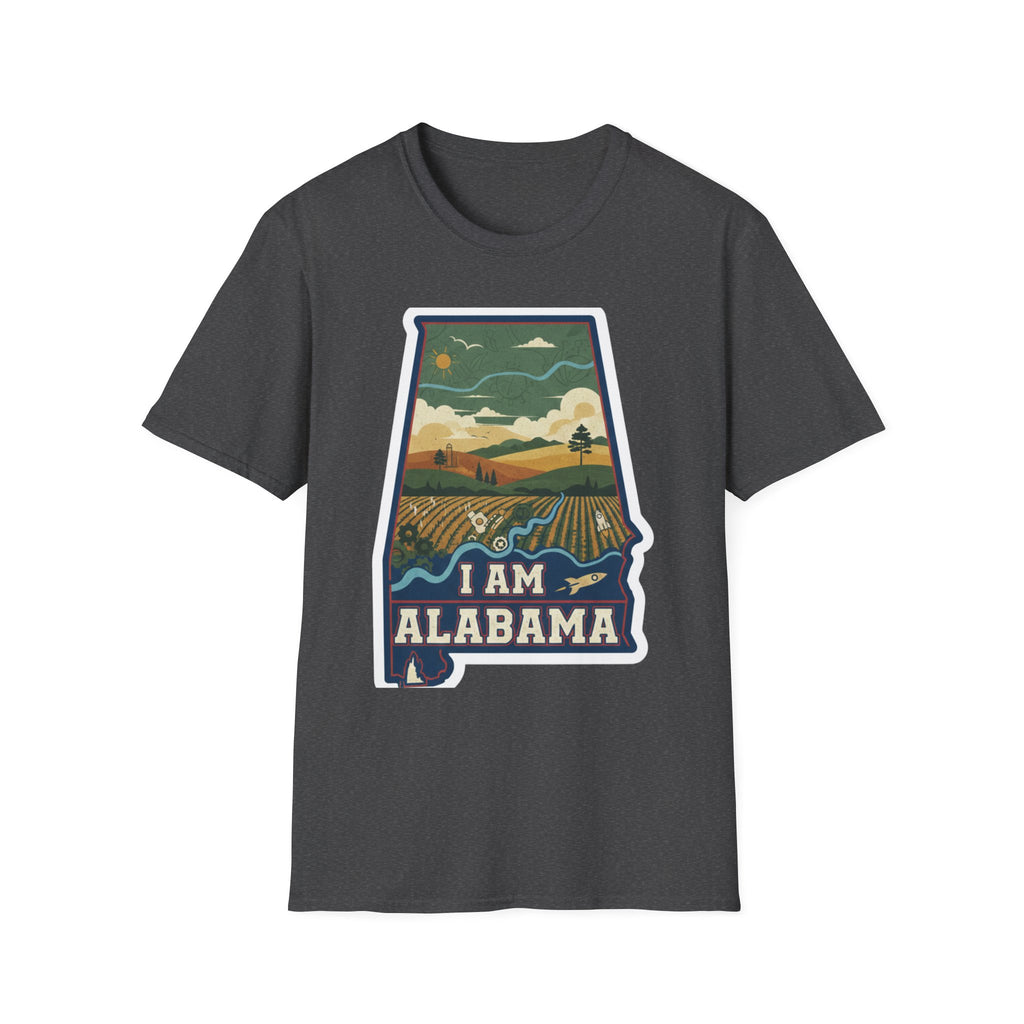 I Am Alabama T-shirt, dark heather grey crew tee with “I AM ALABAMA” state outline landscape