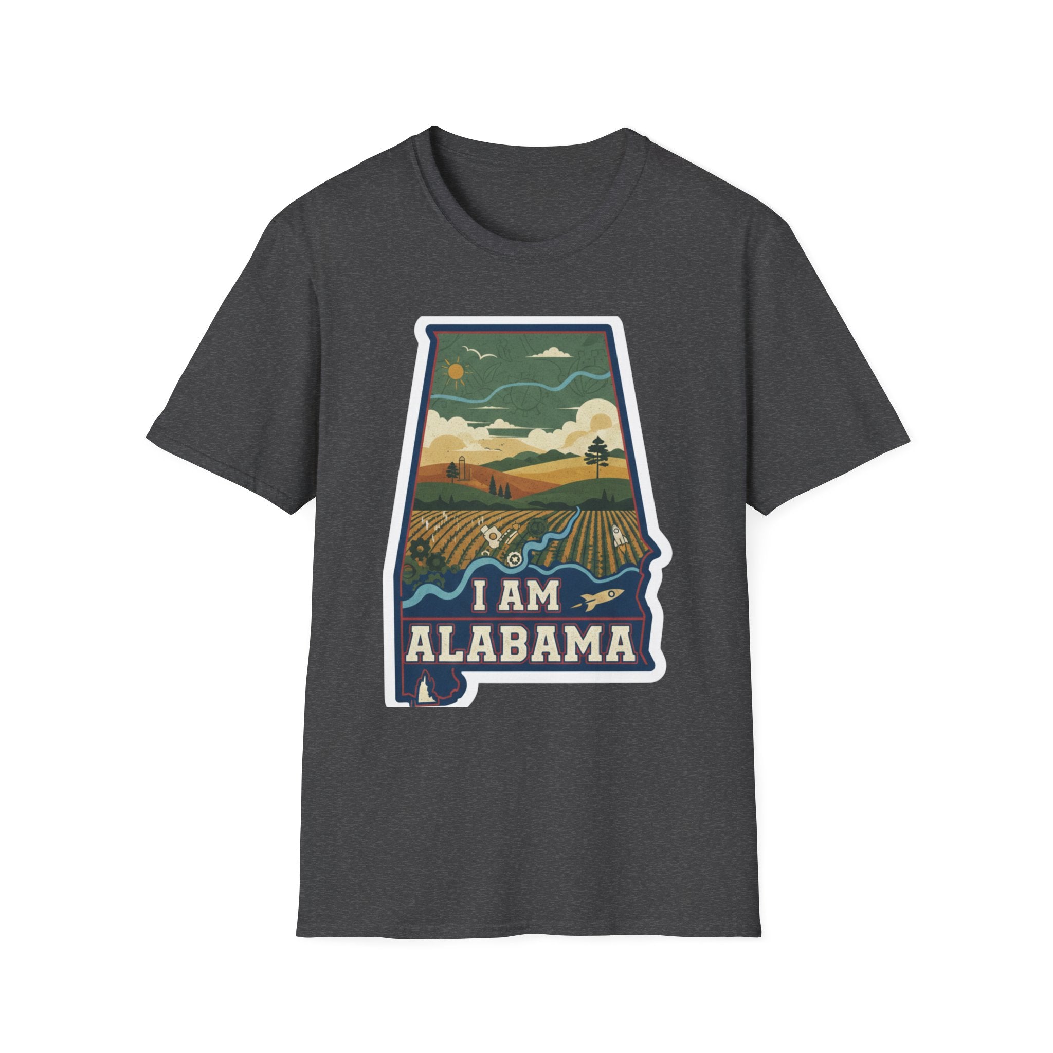 I Am Alabama T-shirt, dark heather grey crew tee with “I AM ALABAMA” state outline landscape