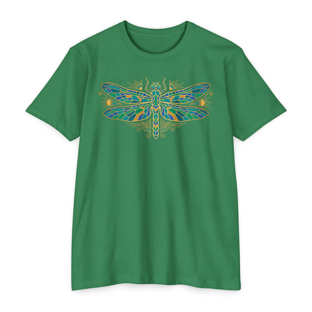 Green t-shirt with colorful dragonfly mosaic graphic on the chest