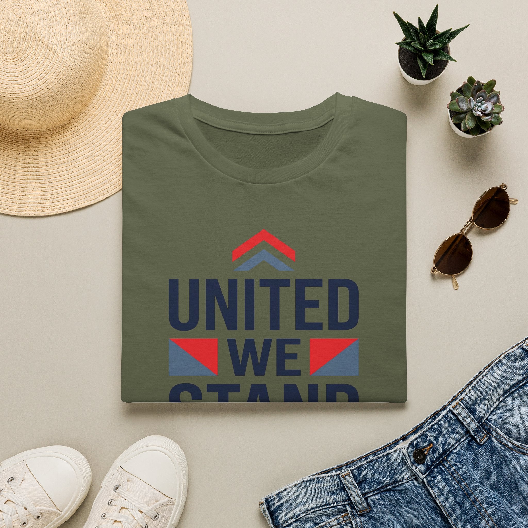 Military green crewneck T-shirt with 'United We Stand' patriotic graphic