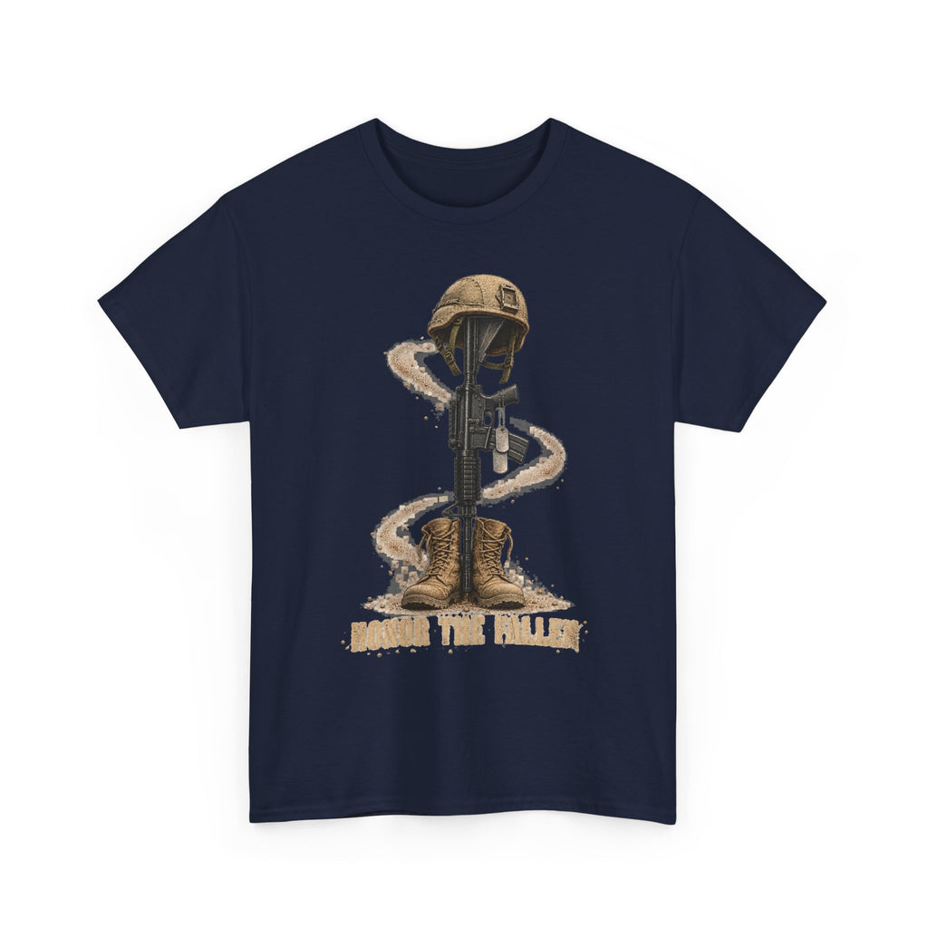 Navy graphic t-shirt with soldier and rifle emblem on front.