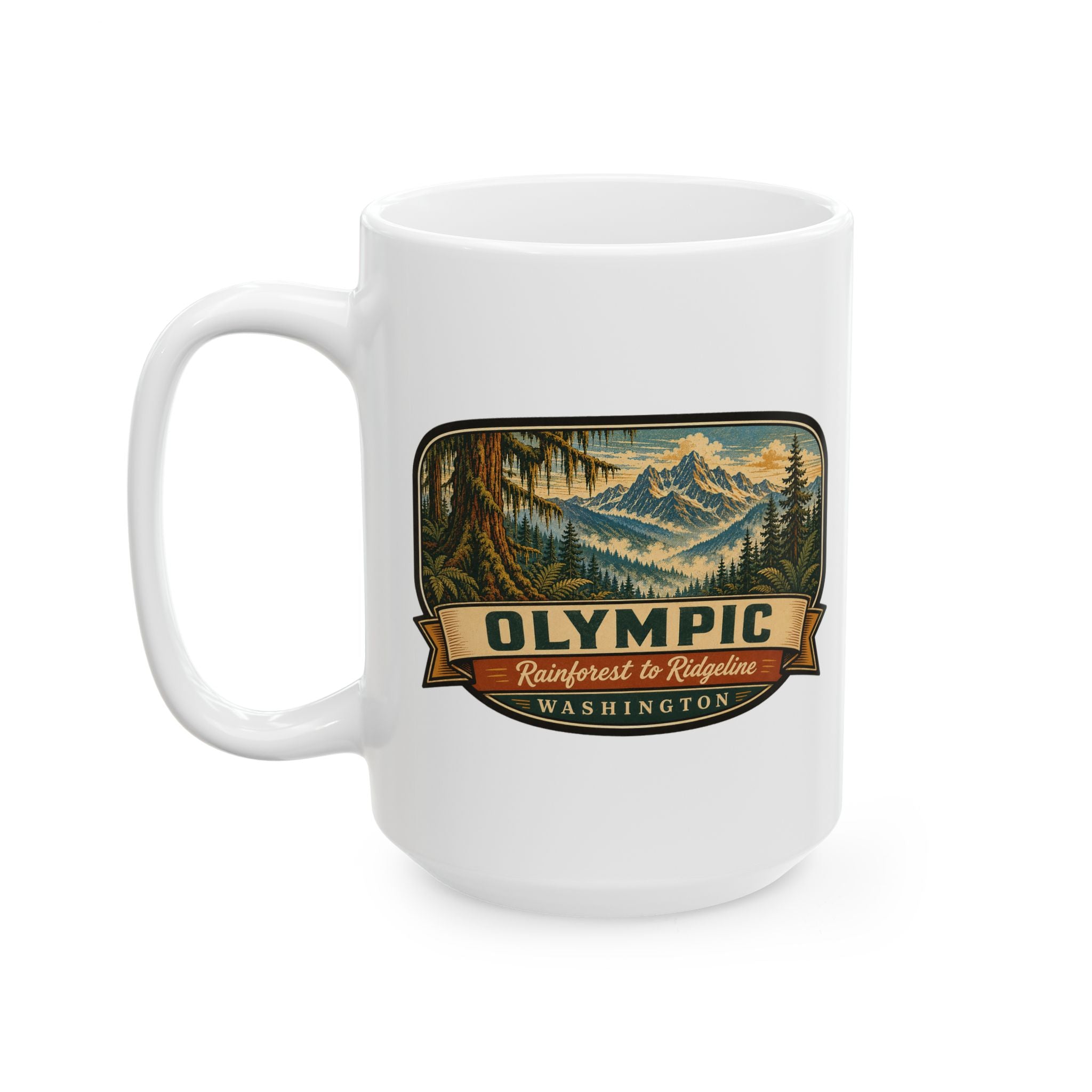 White ceramic mug with Olympic rainforest to ridgeline Washington logo on front