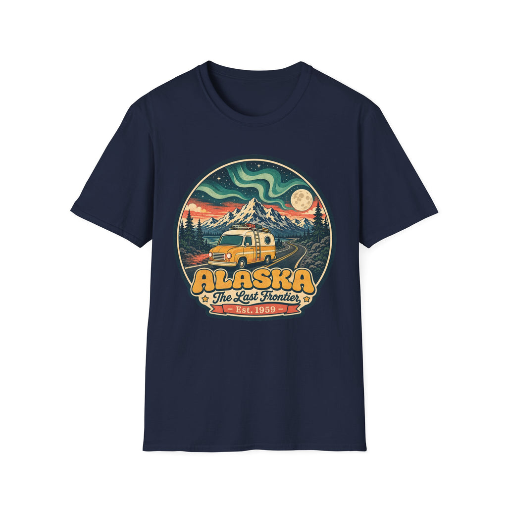 Unisex graphic T-shirt, navy blue, round Alaska logo with mountain and cabin vehicle art