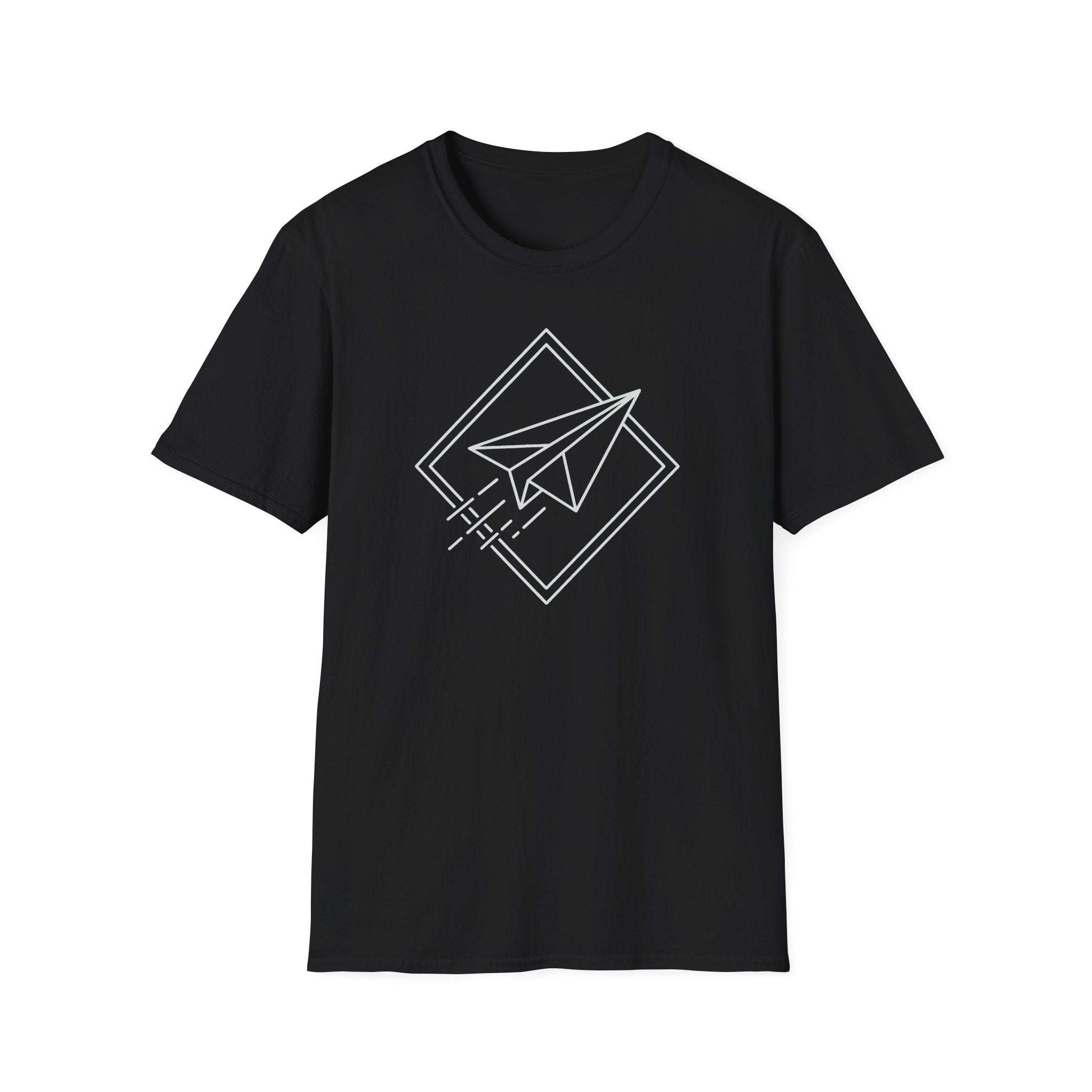 Black T-shirt with white geometric paper airplane graphic in diamond outline