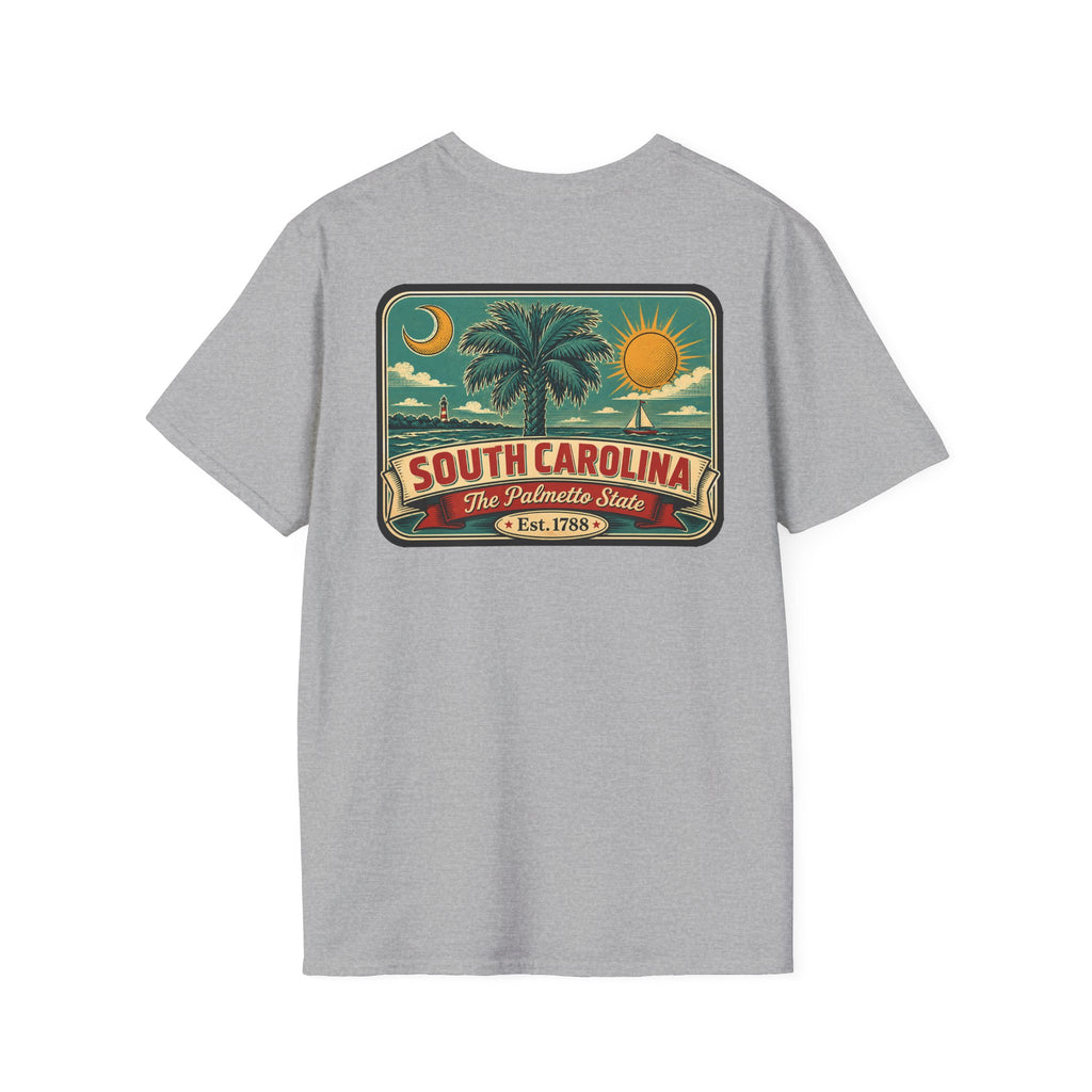 Light heather gray T-shirt with South Carolina palm graphic patch and Est. 1788 text