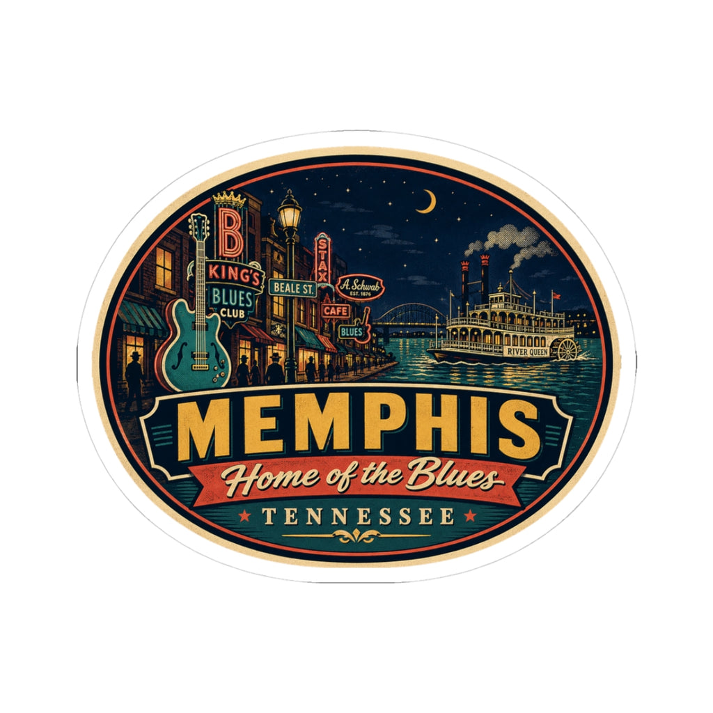 Round Memphis “Home of the Blues” Tennessee luggage tag sticker with colorful city scene