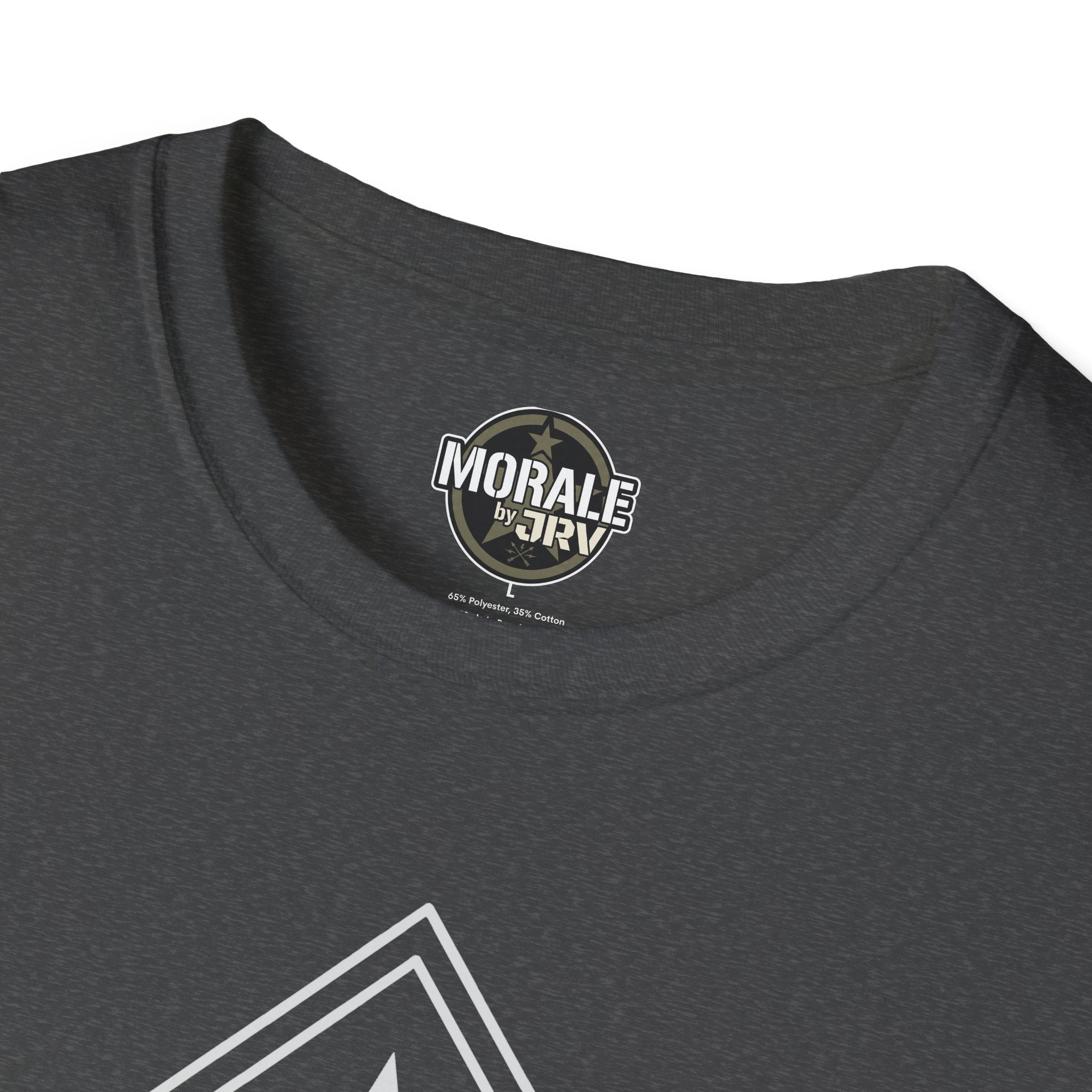 Dark heather t-shirt neckline with “MORAL” by “TRI” brand label