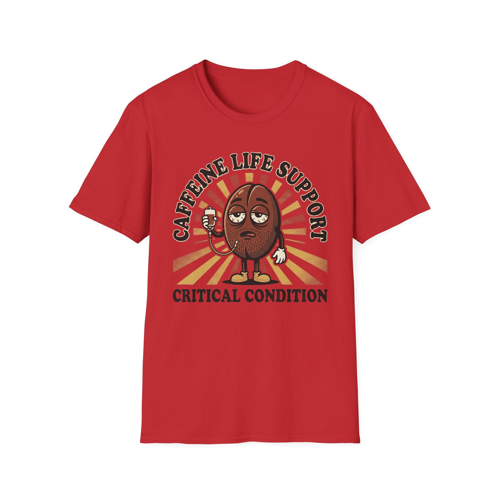 Red T-shirt with coffee bean cartoon and “CRITICAL CONDITION” text graphic