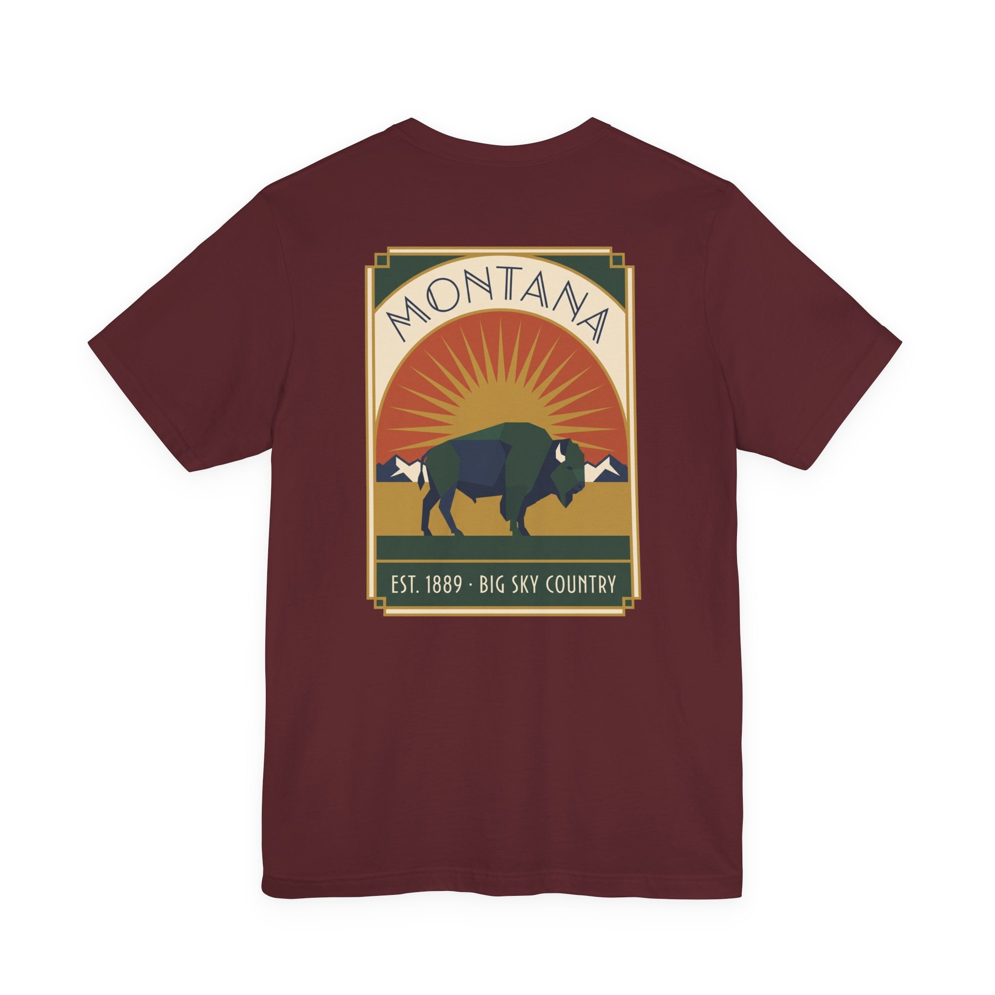 Maroon t-shirt with rectangular Montana bison graphic print on the chest