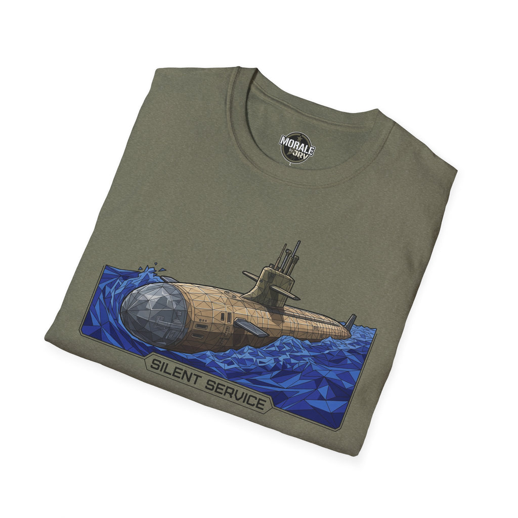 Olive T-shirt with blue submarine graphic and “SILENT SERVICE” text on front