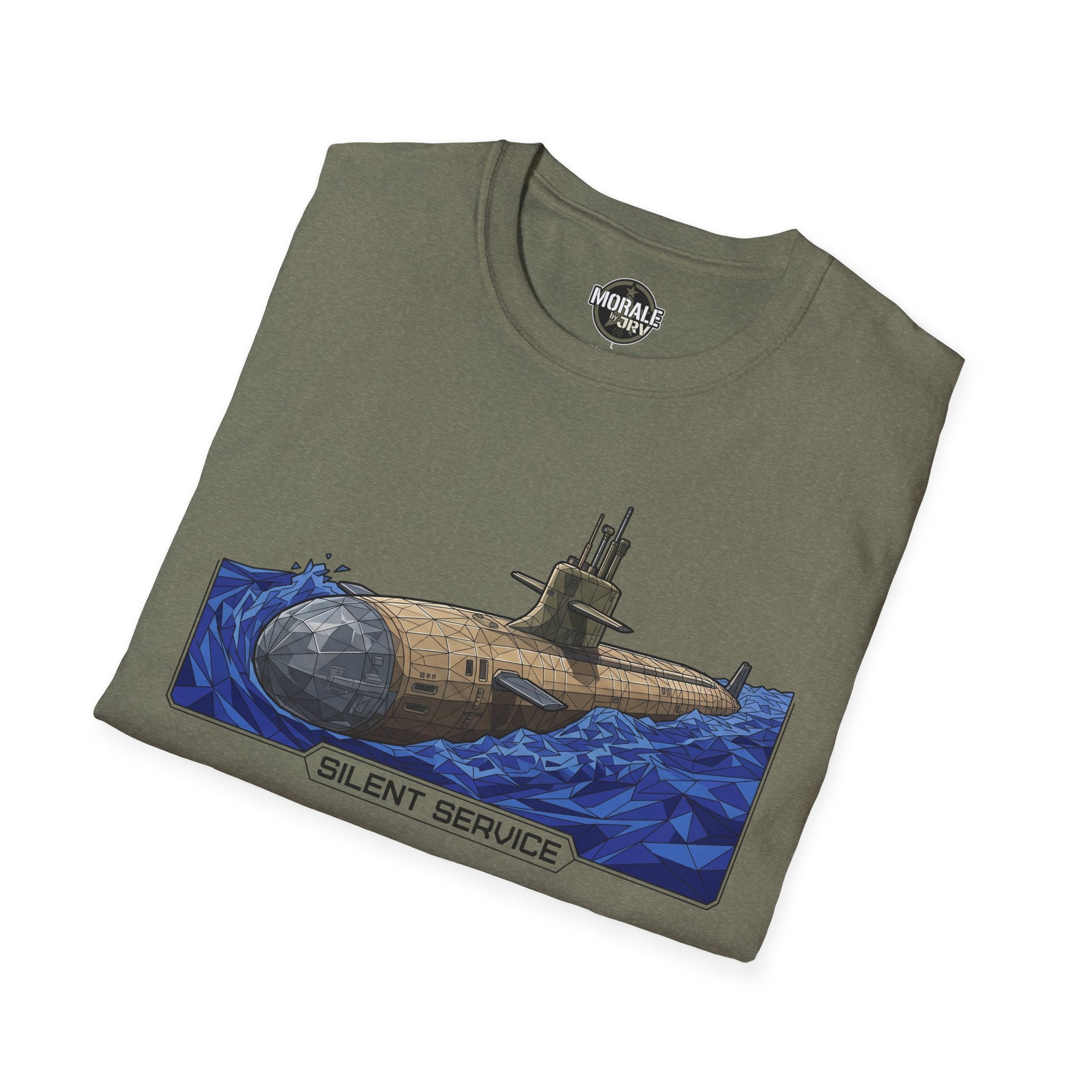 Olive T-shirt with blue submarine graphic and “SILENT SERVICE” text on front