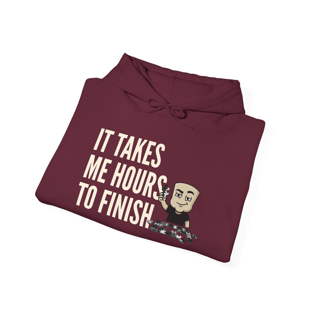 Maroon hoodie with front print: 'It takes me hours to finish' and chess figure