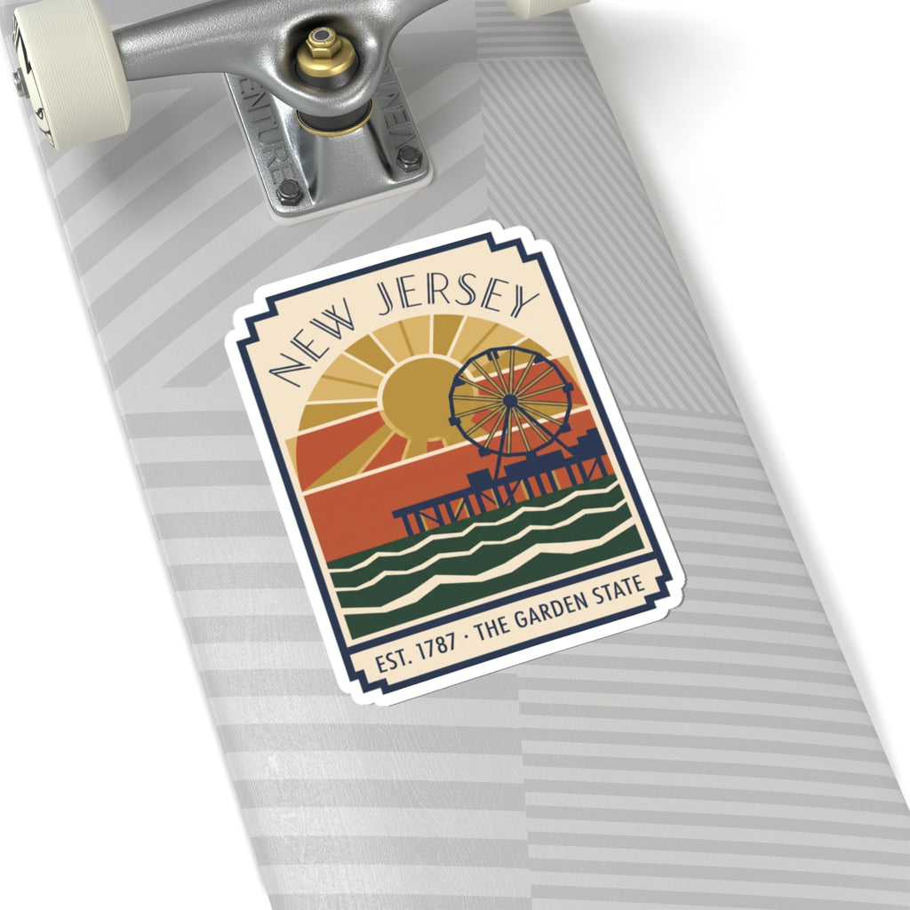 New Jersey sticker on a luggage tag, Art Deco Ferris wheel, sunrise rays, and EST. 1787