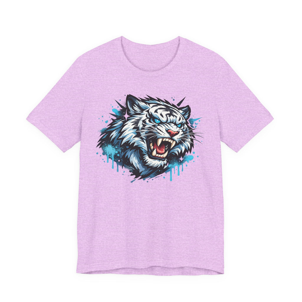 Light purple crew-neck T-shirt with roaring tiger head graphic and blue drip accents