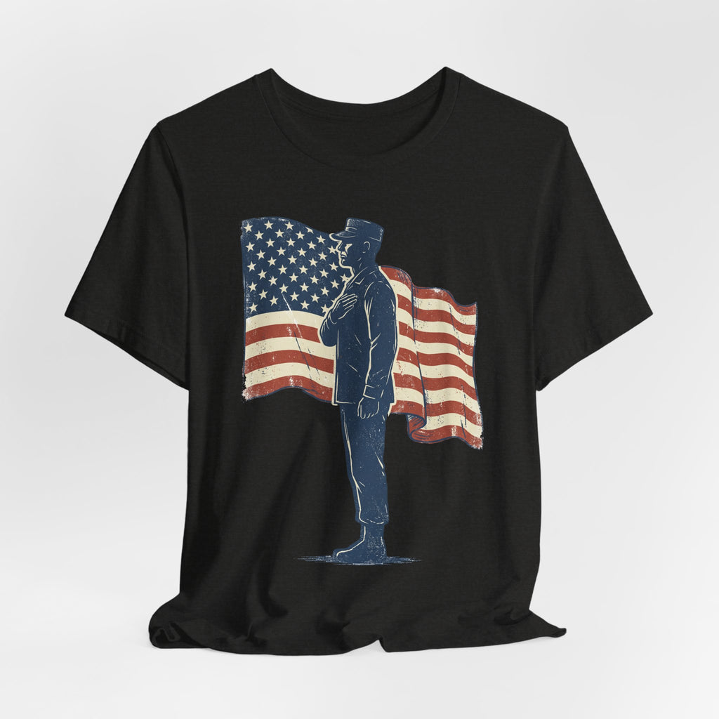 Black T-shirt with standing soldier silhouette in front of waving American flag