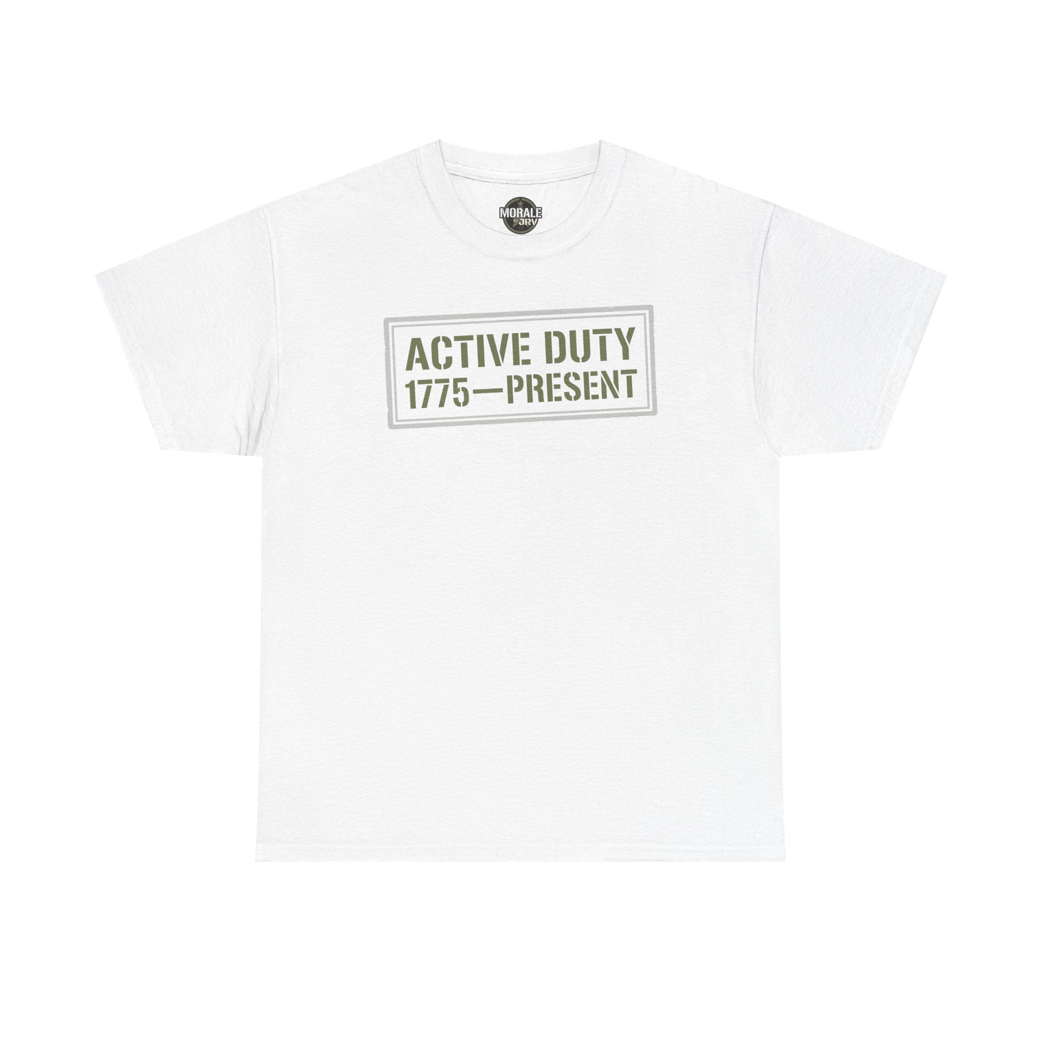 White crewneck T-shirt with 'ACTIVE DUTY 1775–PRESENT' front print