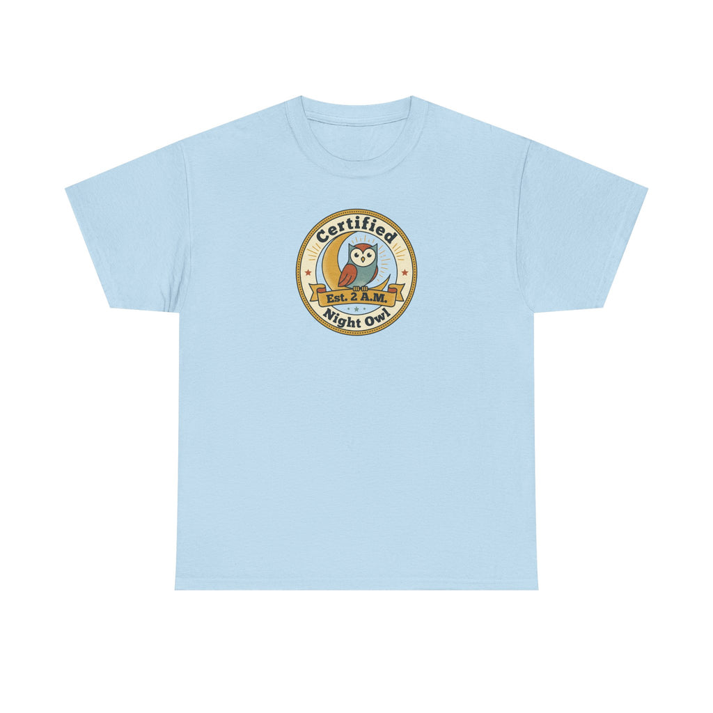 Light blue crewneck T-shirt with round owl badge print on chest