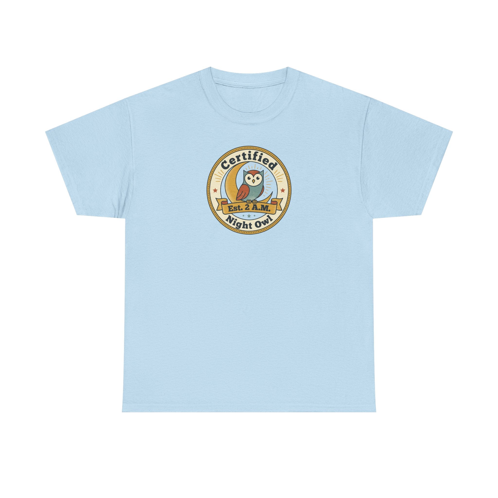 Light blue crewneck T-shirt with round owl badge print on chest