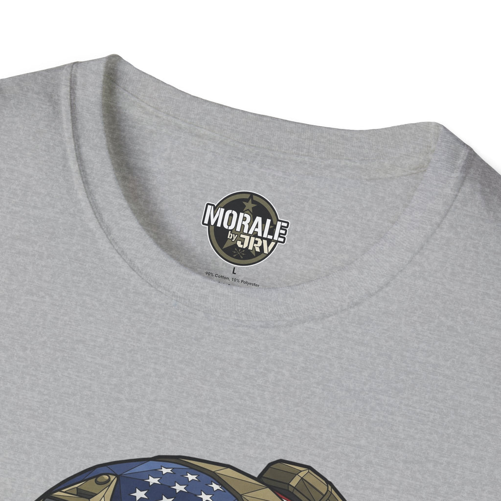Sport Grey T-shirt close-up: round badge logo above skull helmet US flag graphic top