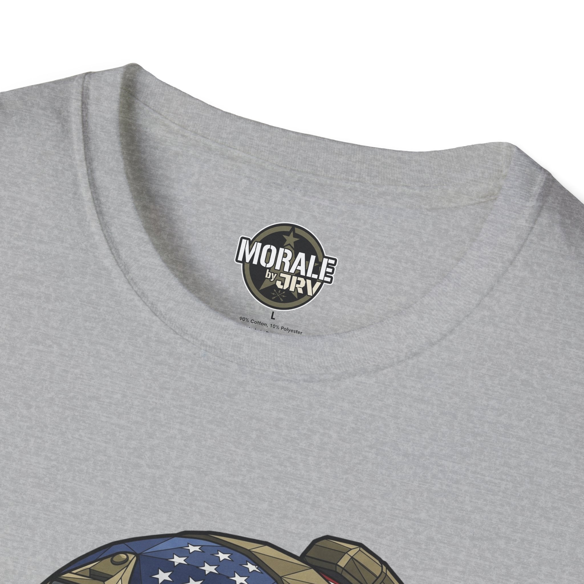 Sport Grey T-shirt close-up: round badge logo above skull helmet US flag graphic top