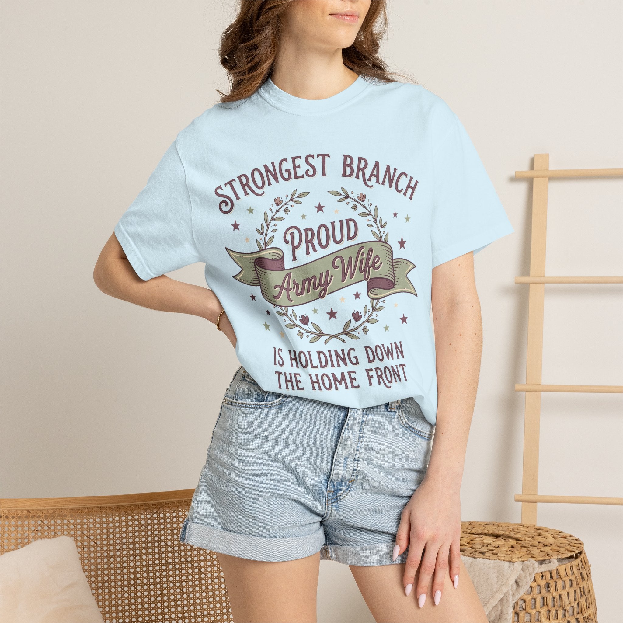 Women’s light blue t-shirt with wreath “Proud Army Wife” and “Strongest Branch” text