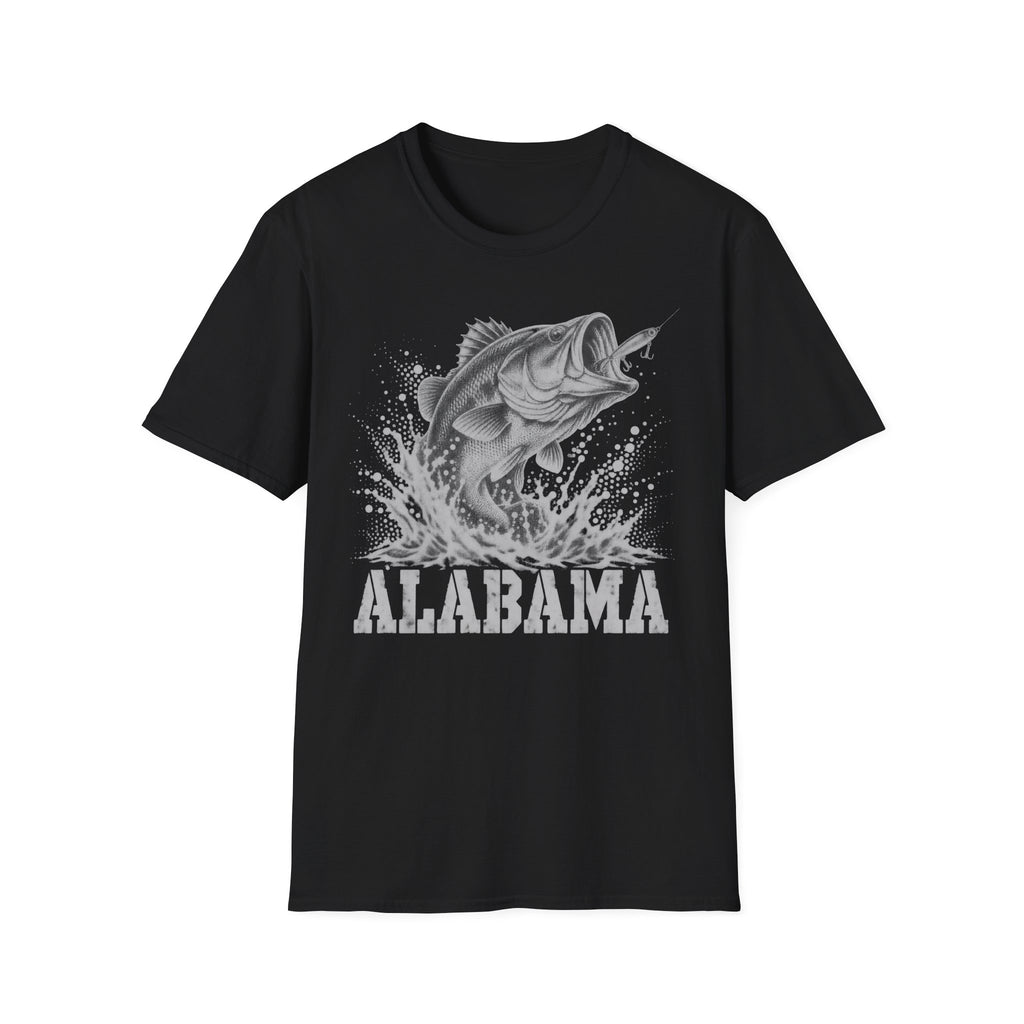 Black fishing t-shirt with largemouth bass splash and 'ALABAMA' graphic