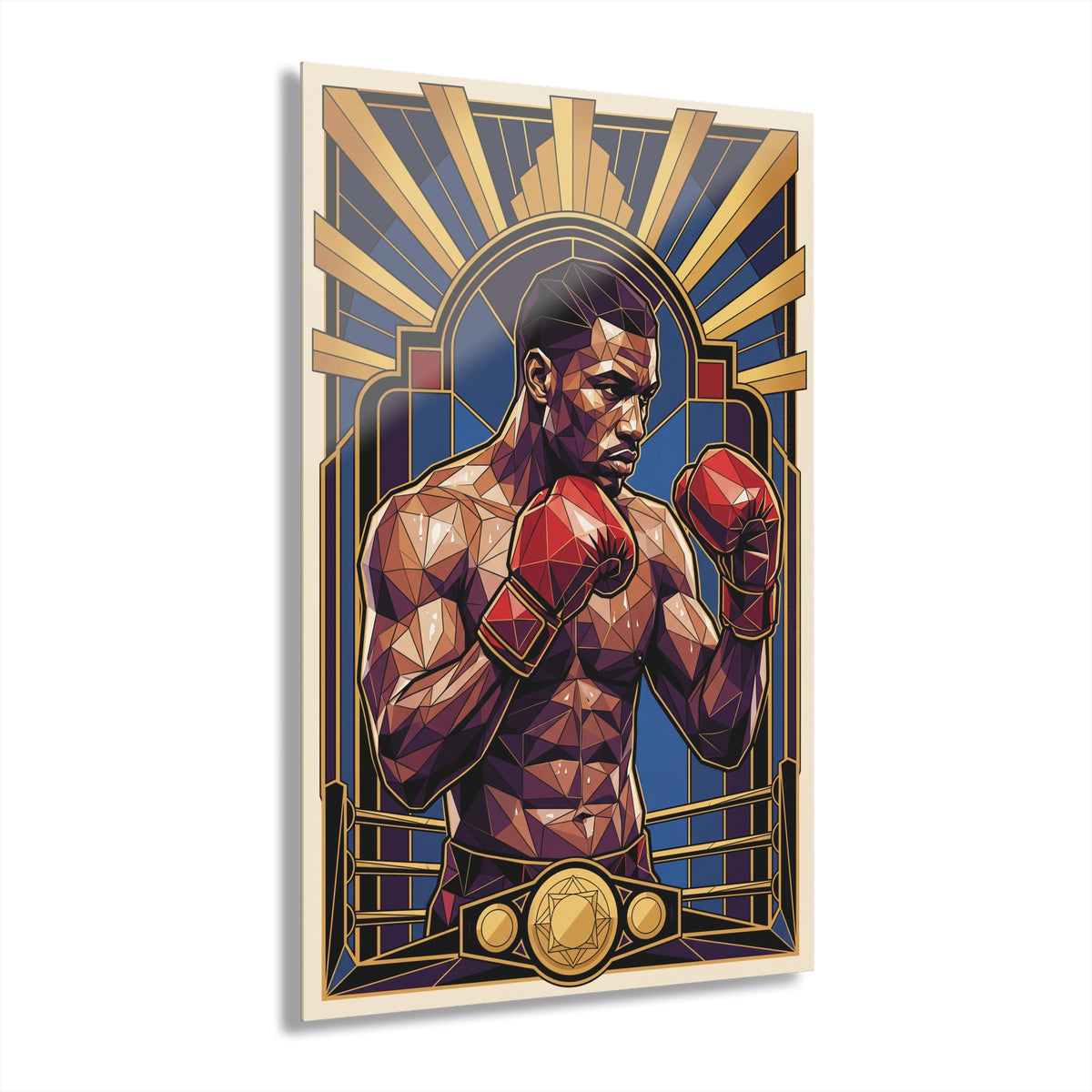 Framed acrylic glass wall art featuring a geometric boxer with red gloves and a gold belt