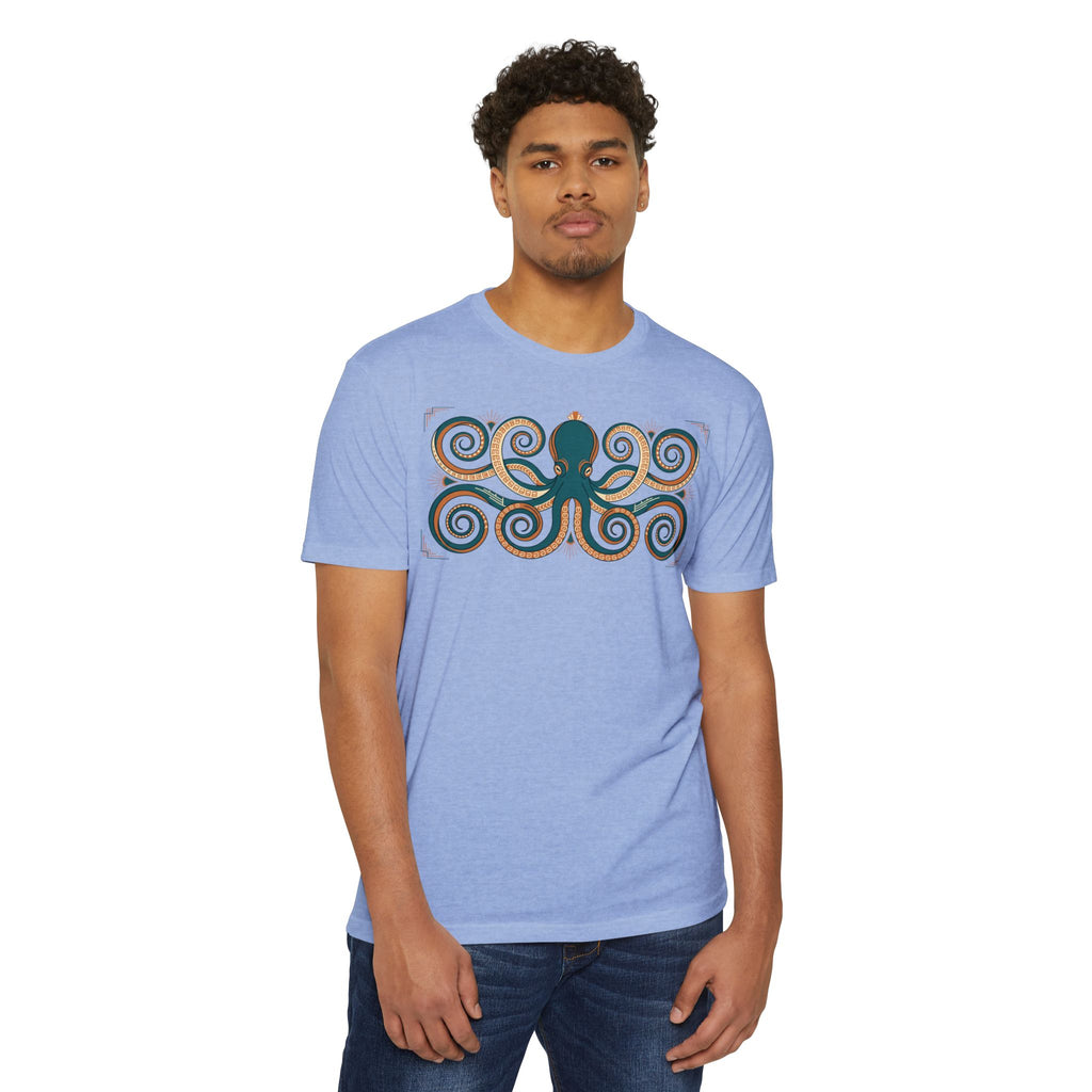 Light blue octopus graphic T-shirt with teal octopus and tan swirl artwork