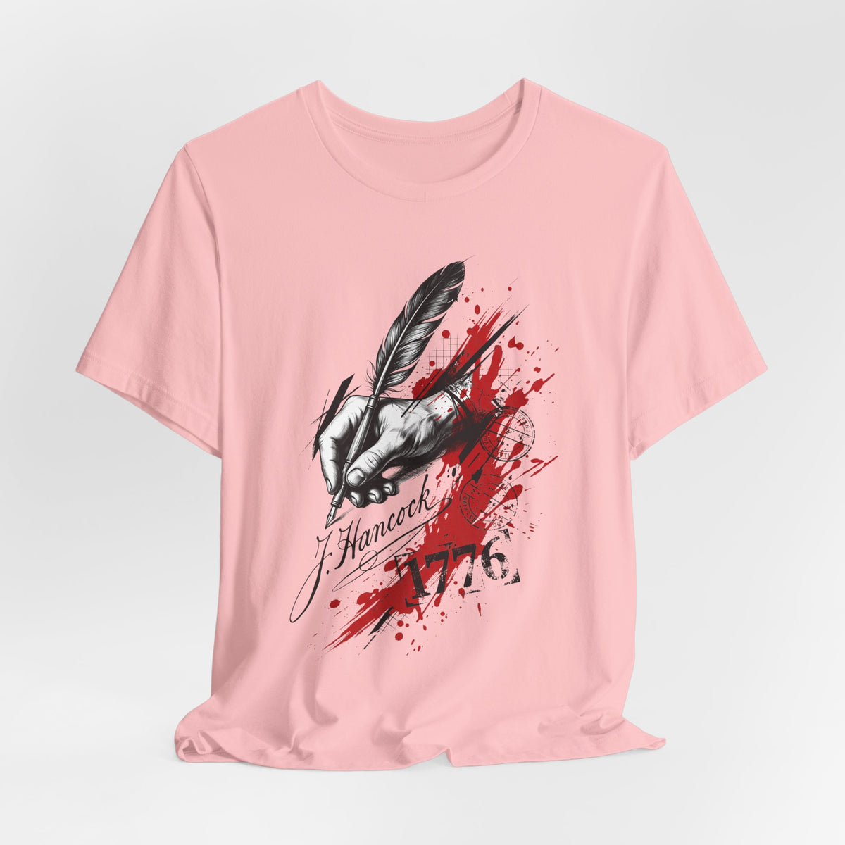 Pink crew-neck T-shirt with quill hand ink-splatter graphic