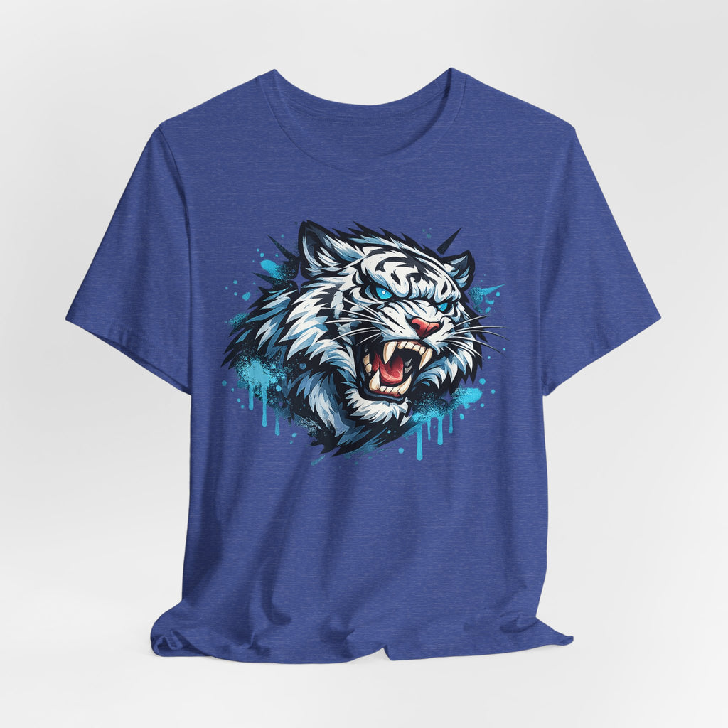 Blue short-sleeve T-shirt with roaring tiger head graphic in blue drip style