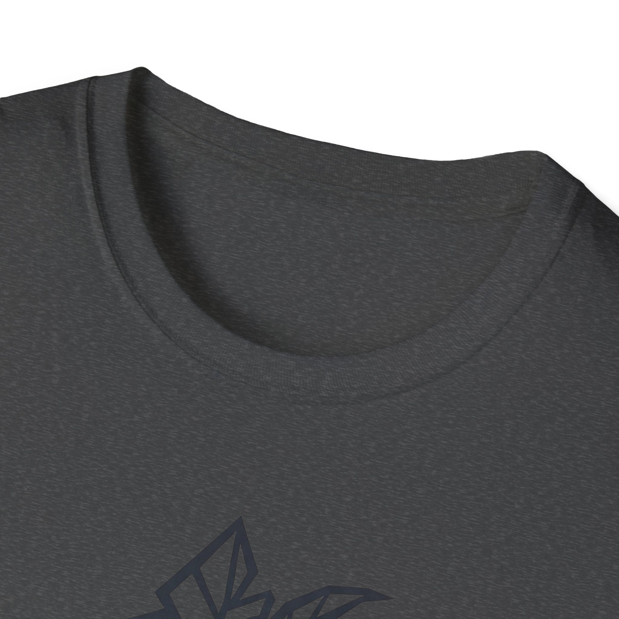 Dark gray T-shirt close-up of crew neck with partial geometric tree graphic