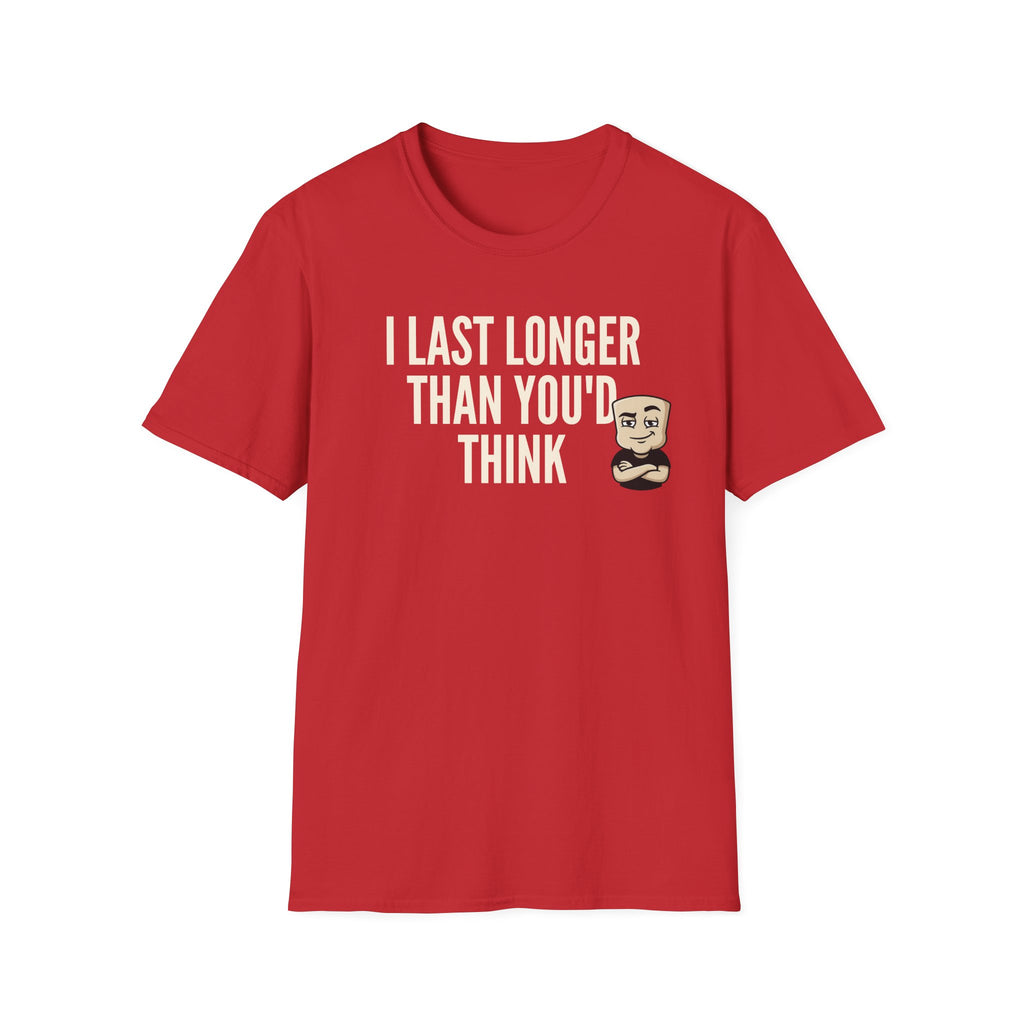 Red T-shirt with front quote "I LAST LONGER THAN YOU'D THINK" and cartoon face