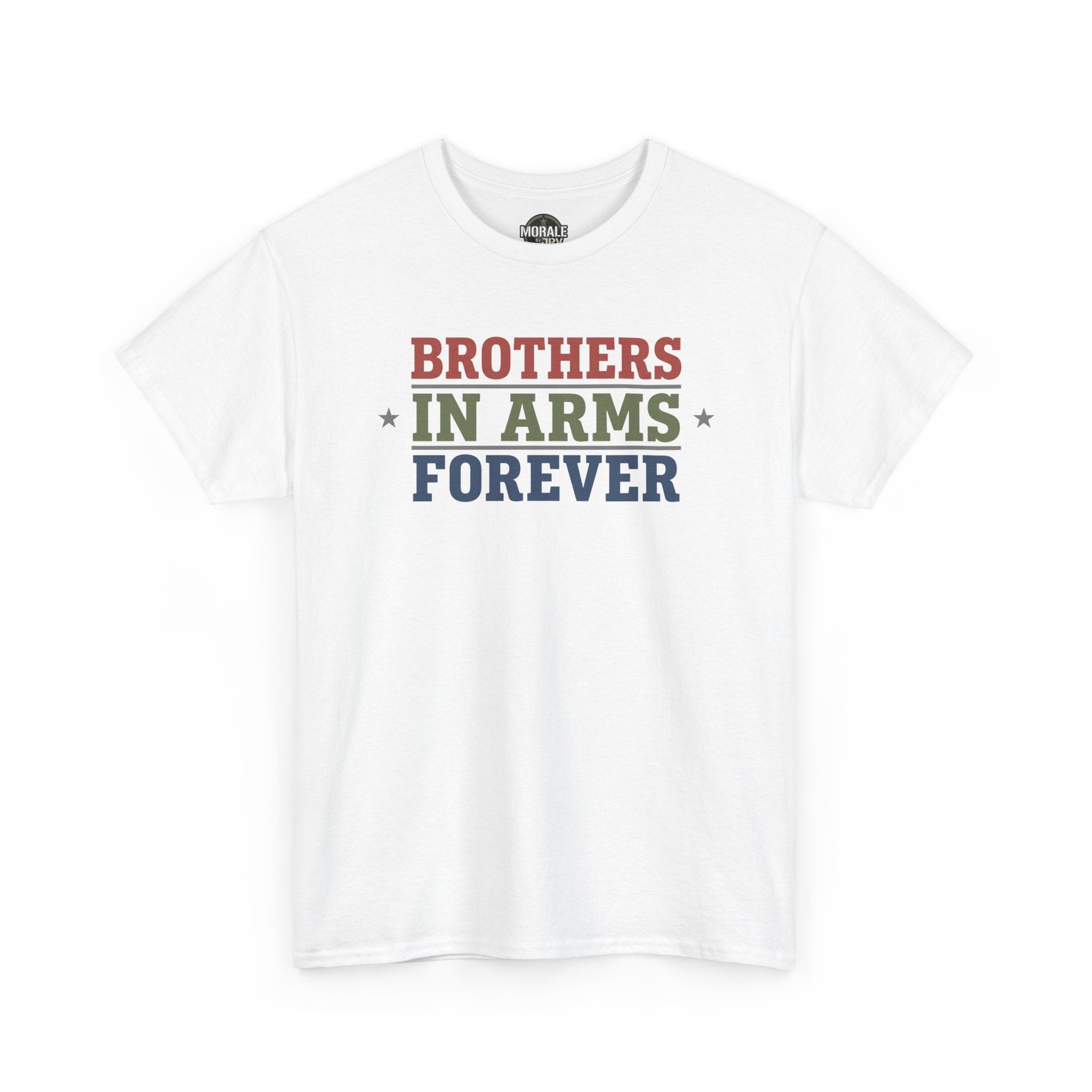 White crewneck tee with "BROTHERS IN ARMS FOREVER" text graphic on chest