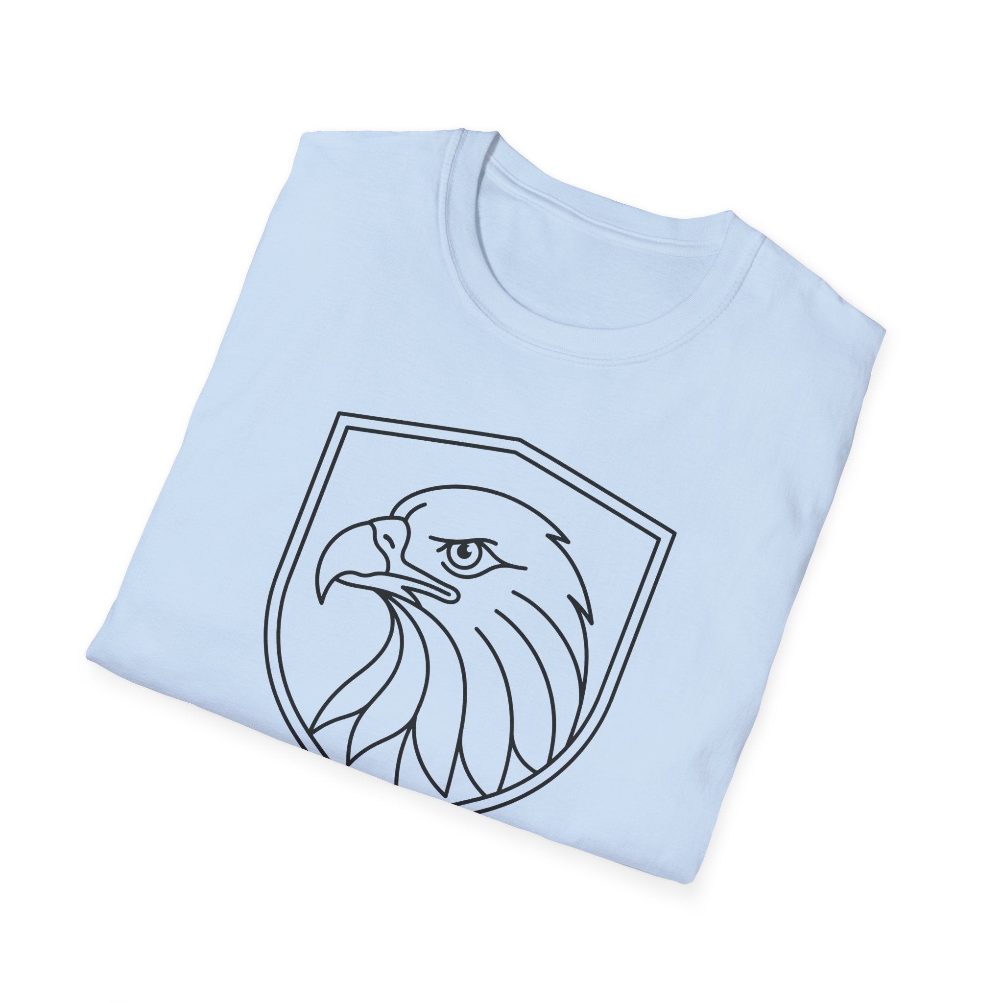 Light blue graphic t-shirt with bald eagle head shield outline print