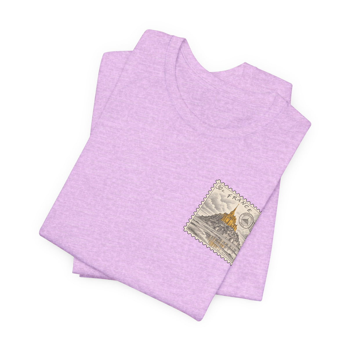 Lilac heather short-sleeve t-shirt stack with small vintage postage stamp graphic on chest.